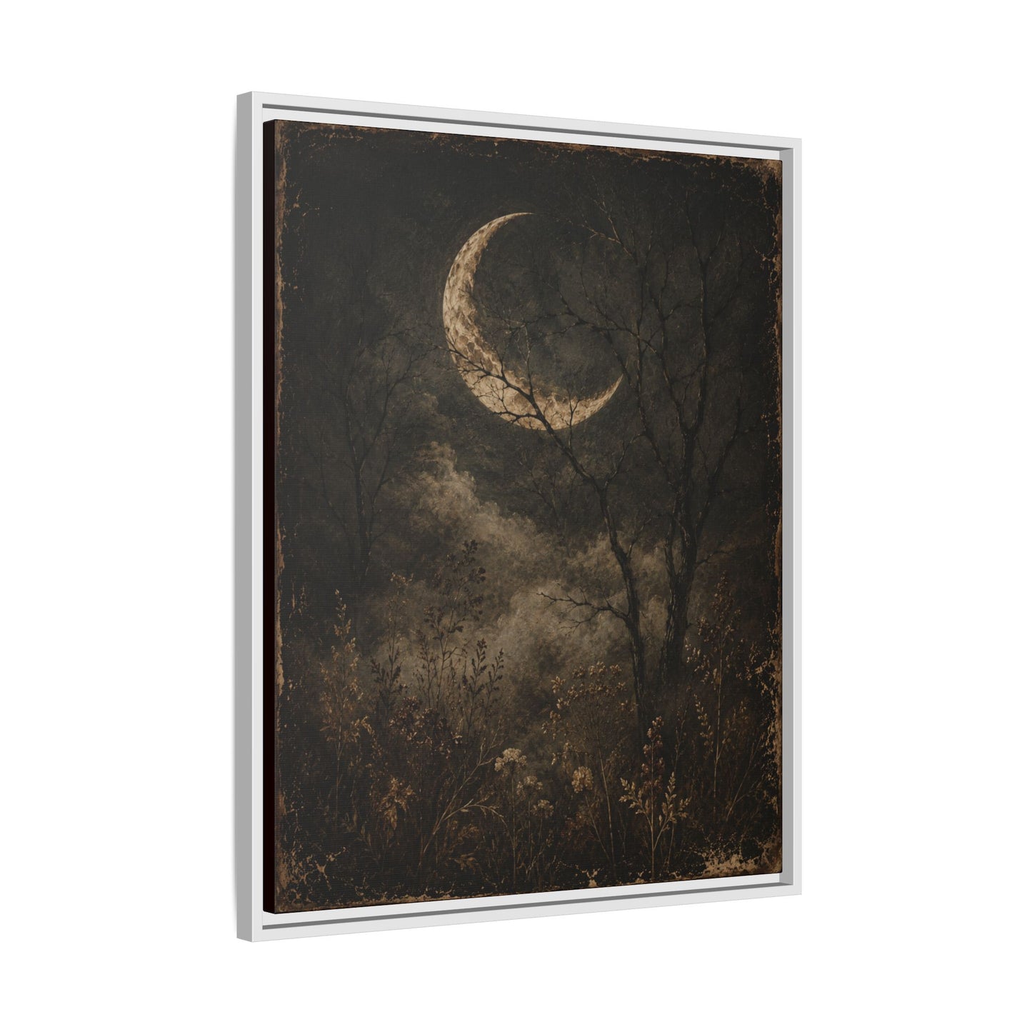 Framed Crescent Moon Canvas Print — Moody Night Landscape Wall Art