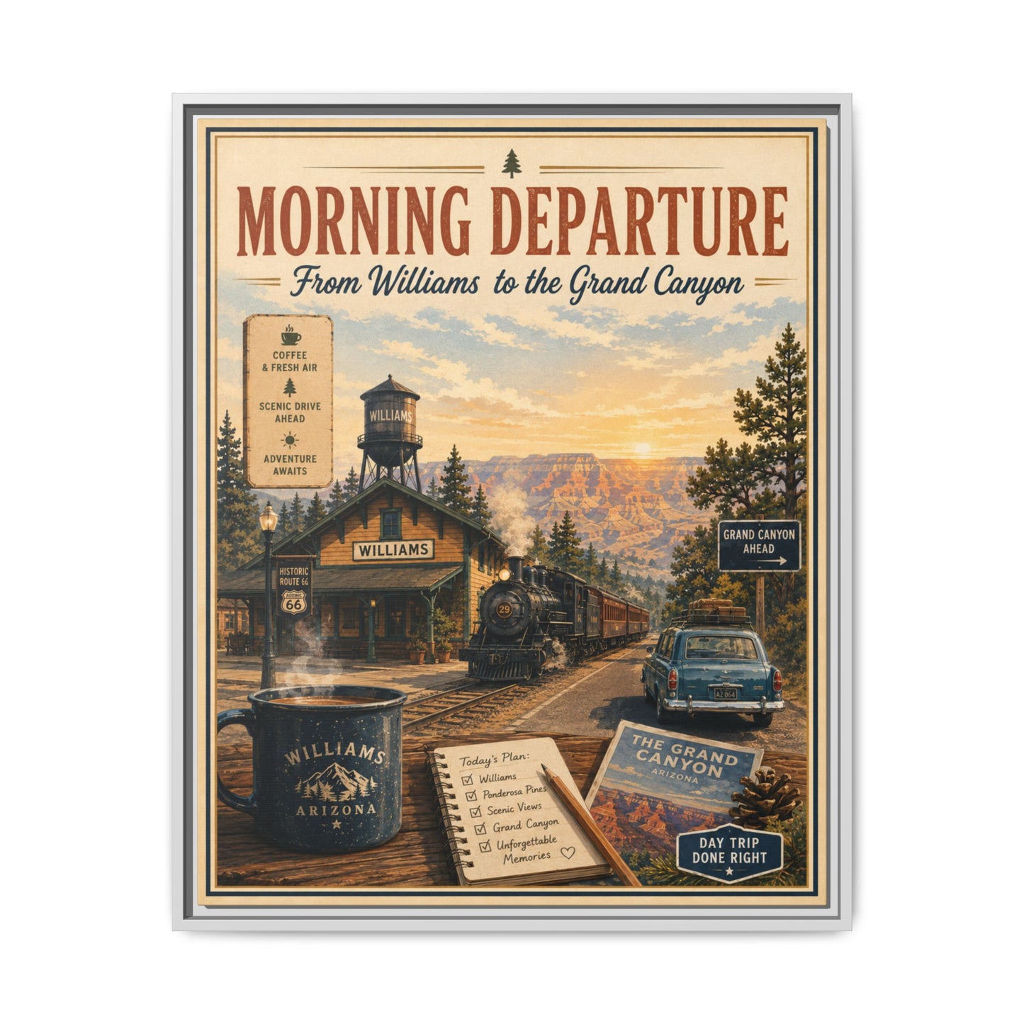 Morning Departure Framed Canvas Print — Vintage Grand Canyon Travel Poster