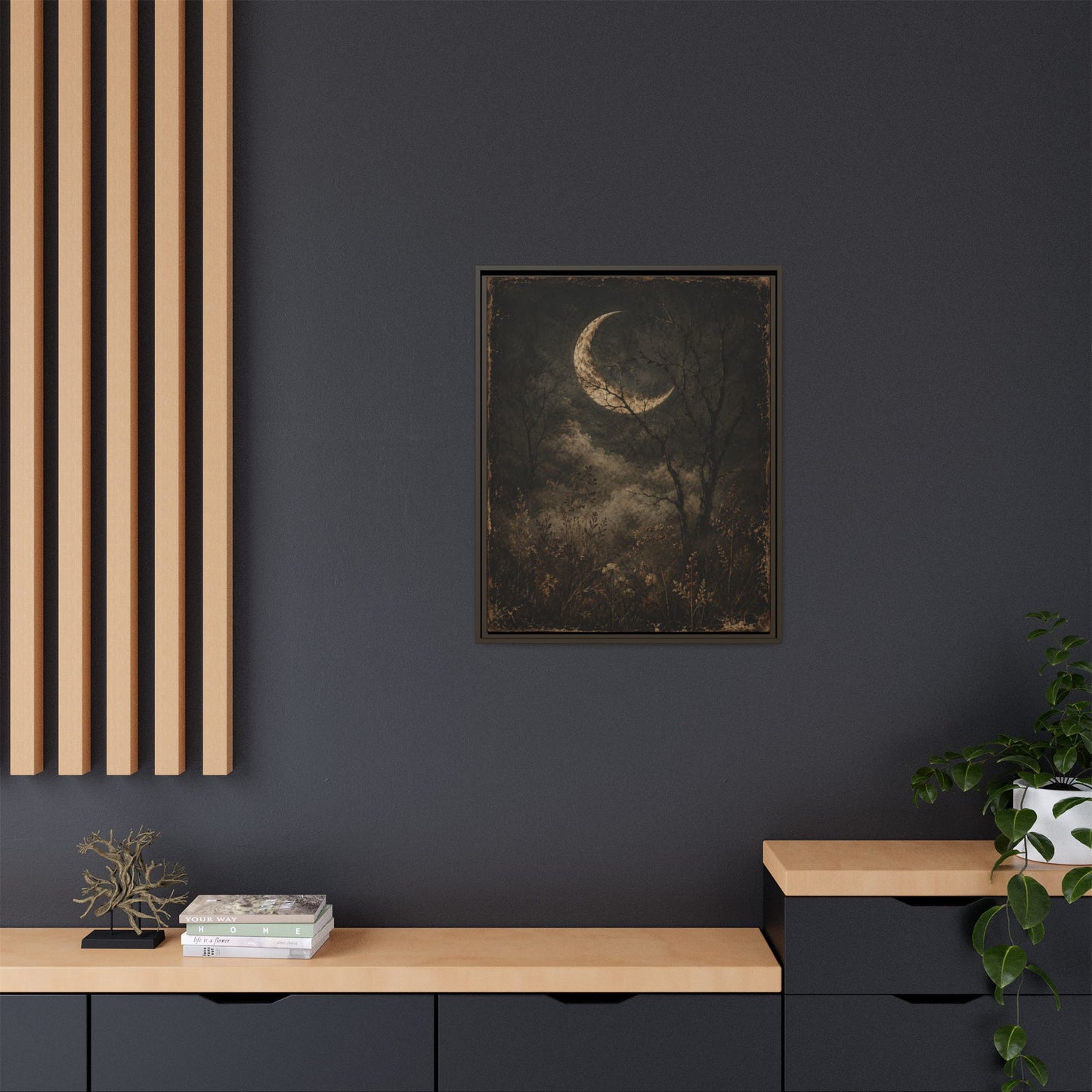 Framed Crescent Moon Canvas Print — Moody Night Landscape Wall Art