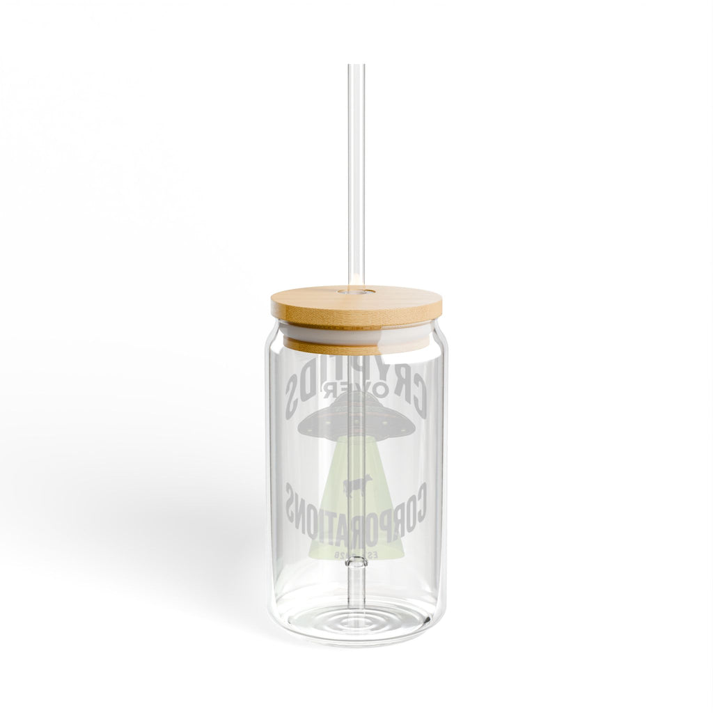 Cryptids Over Corporations Alien Glass Can | UFO Iced Coffee Cup with Bamboo Lid and Straw | Funny Alien Gift | Sci-Fi Drinkware