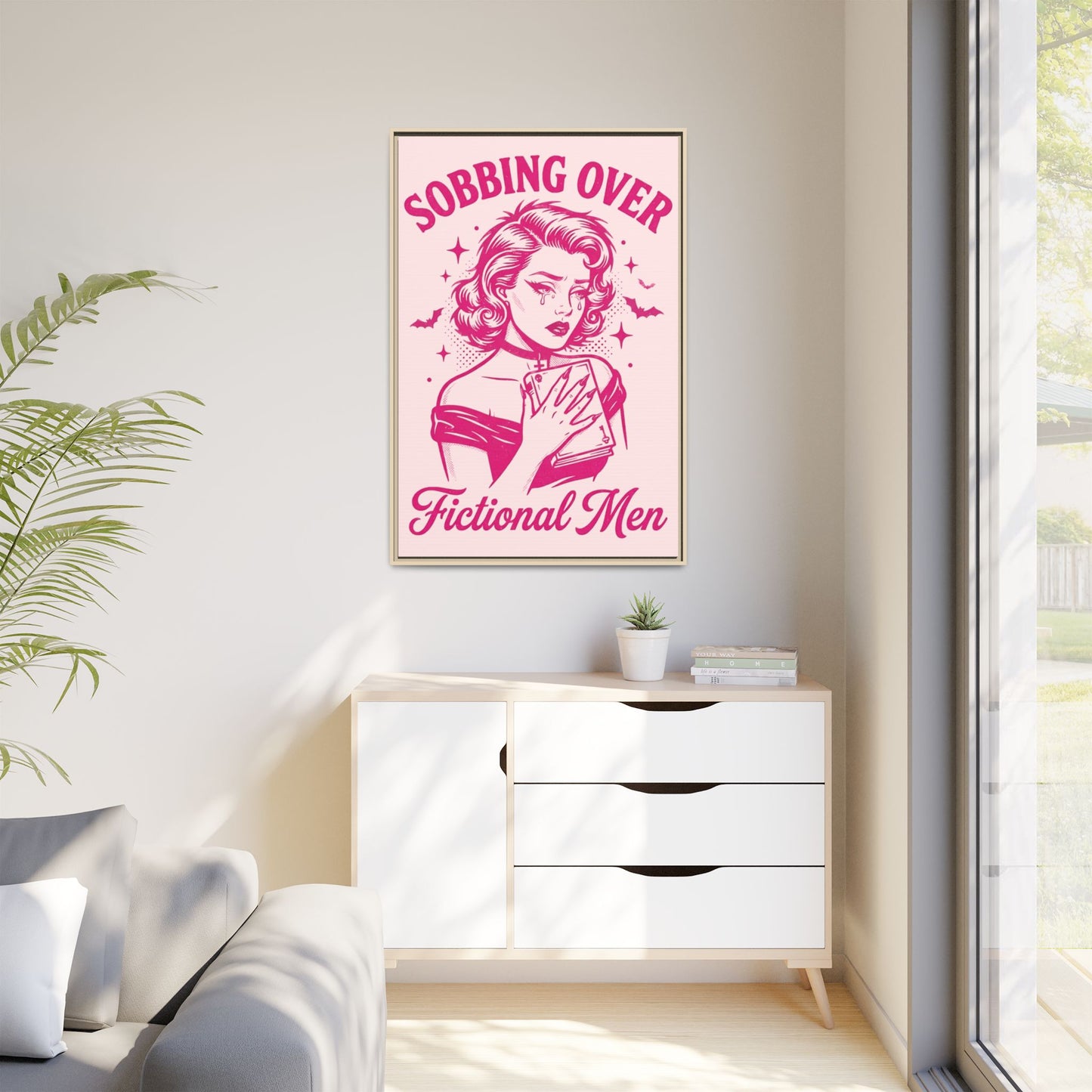 Framed Canvas Print — “Sobbing Over Fictional Men” Retro Pop Art