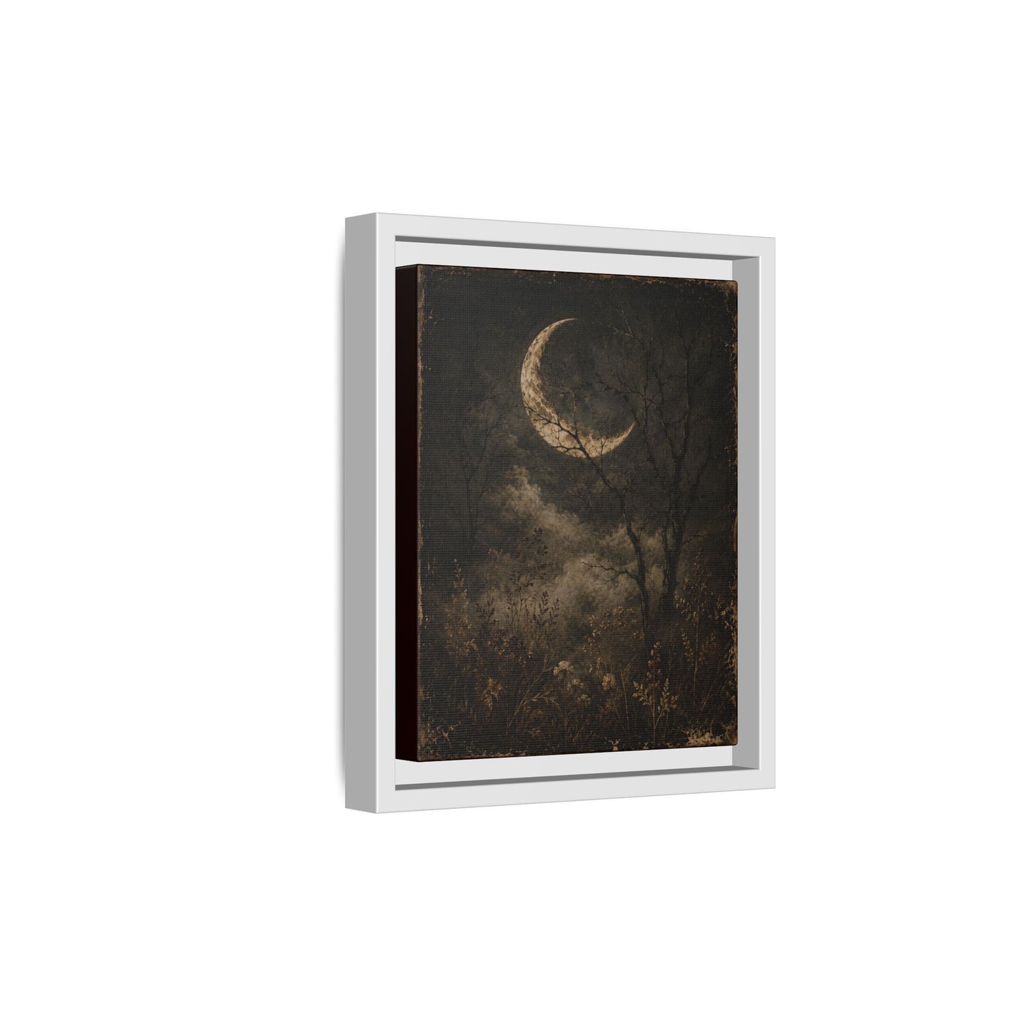 Framed Crescent Moon Canvas Print — Moody Night Landscape Wall Art