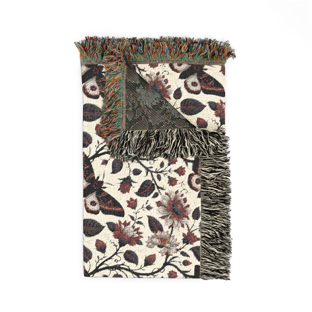 Gothic Floral Woven Blanket | Dark Botanical Moth Throw | Victorian Cottagecore Home Decor