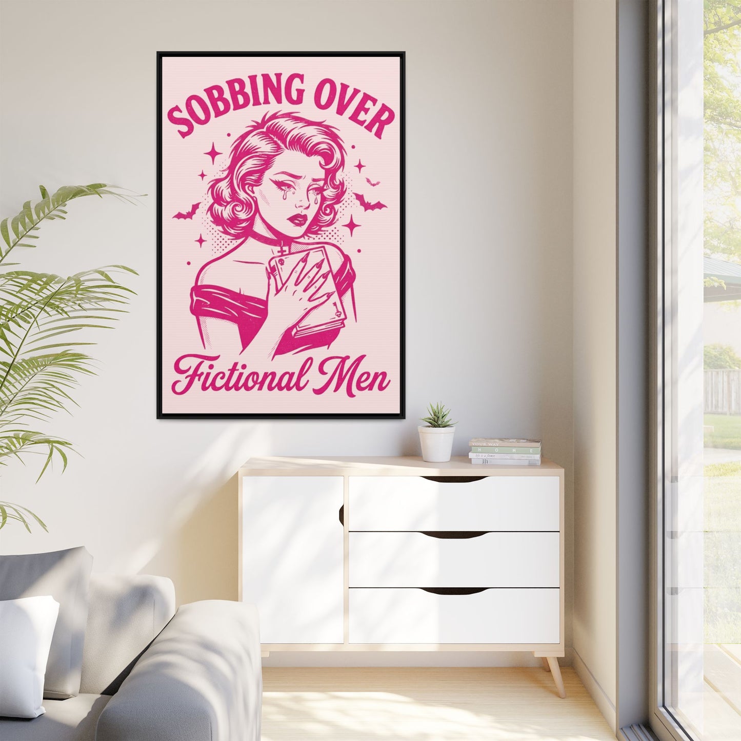 Framed Canvas Print — “Sobbing Over Fictional Men” Retro Pop Art