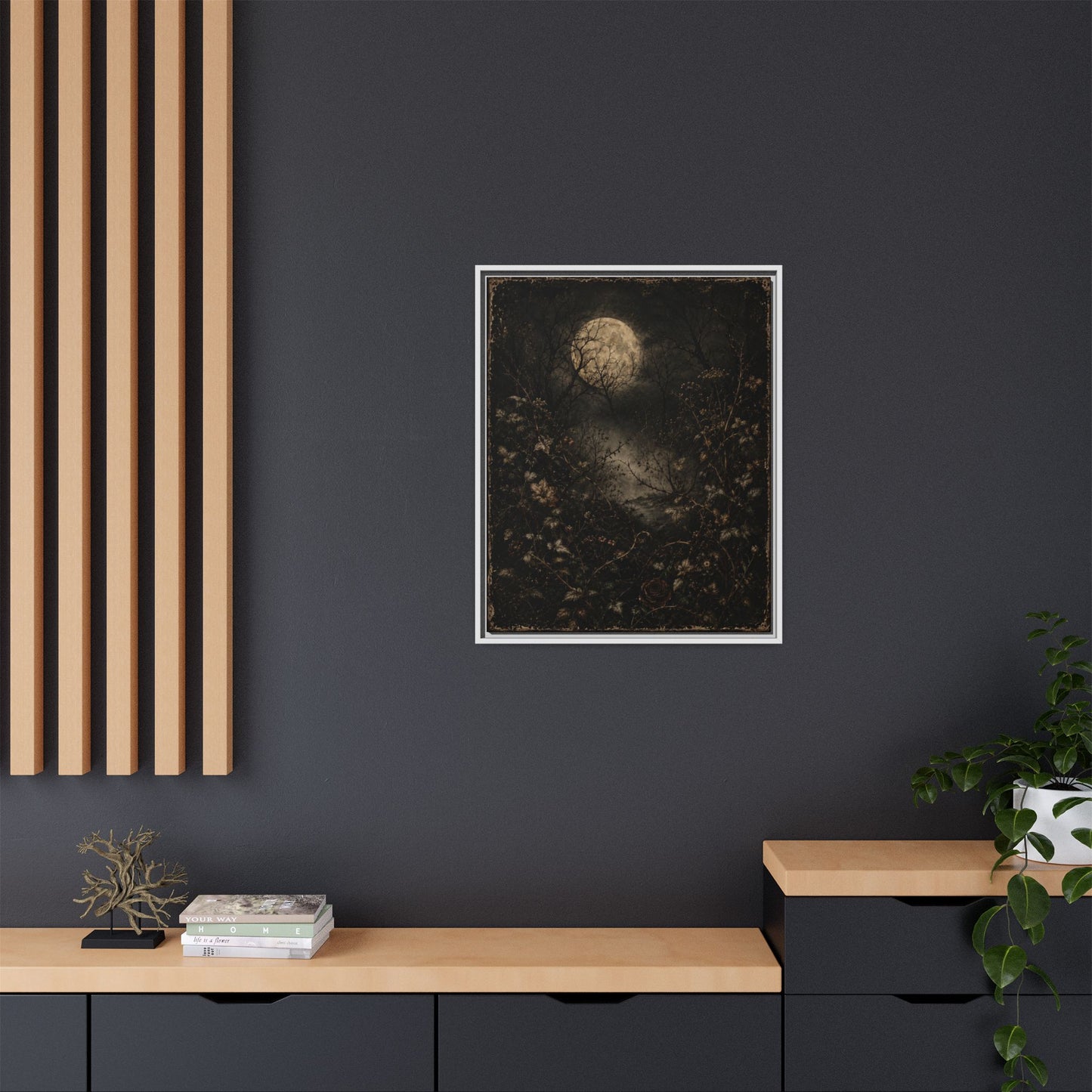 Framed Matte Canvas Art — Moonlit Forest Landscape