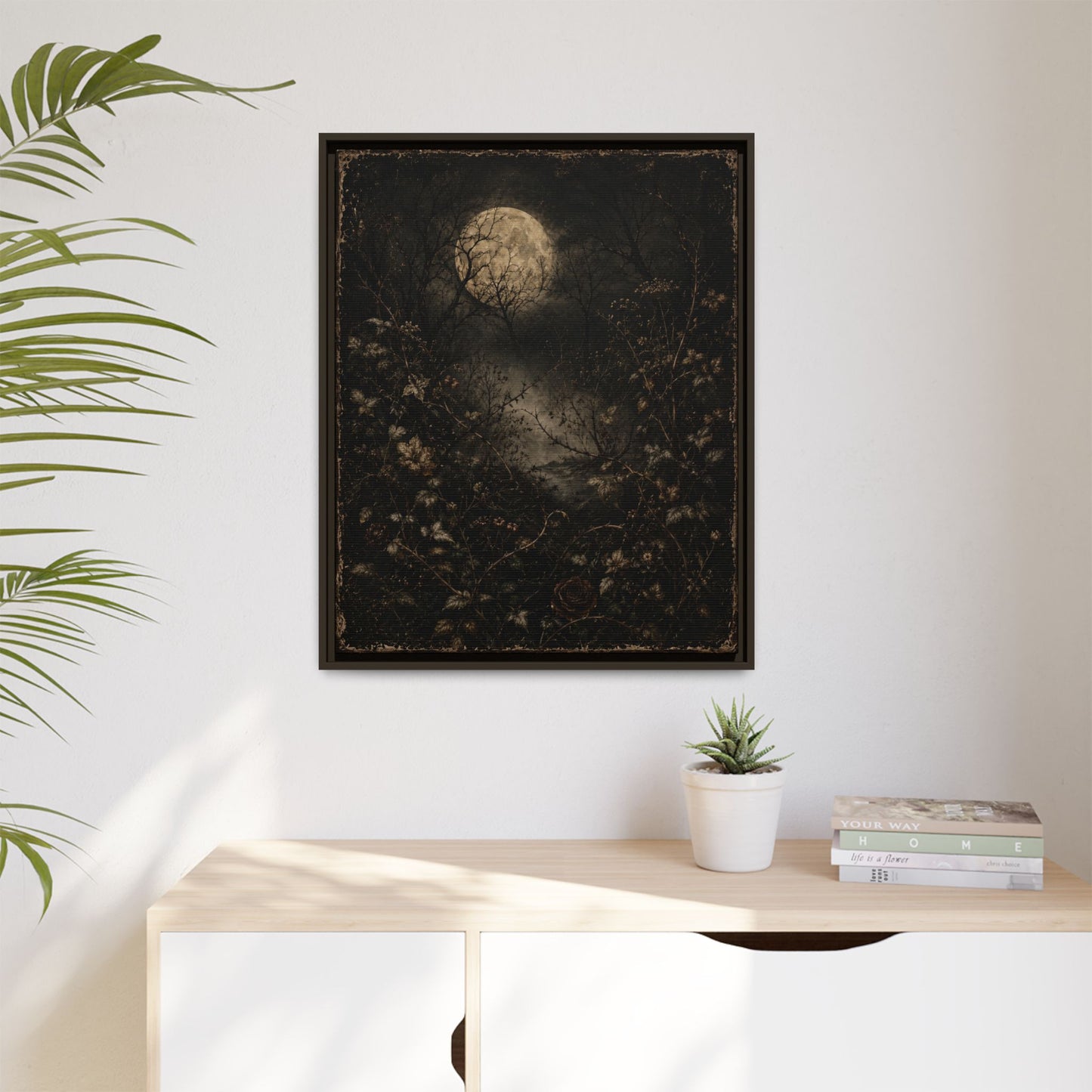 Framed Matte Canvas Art — Moonlit Forest Landscape