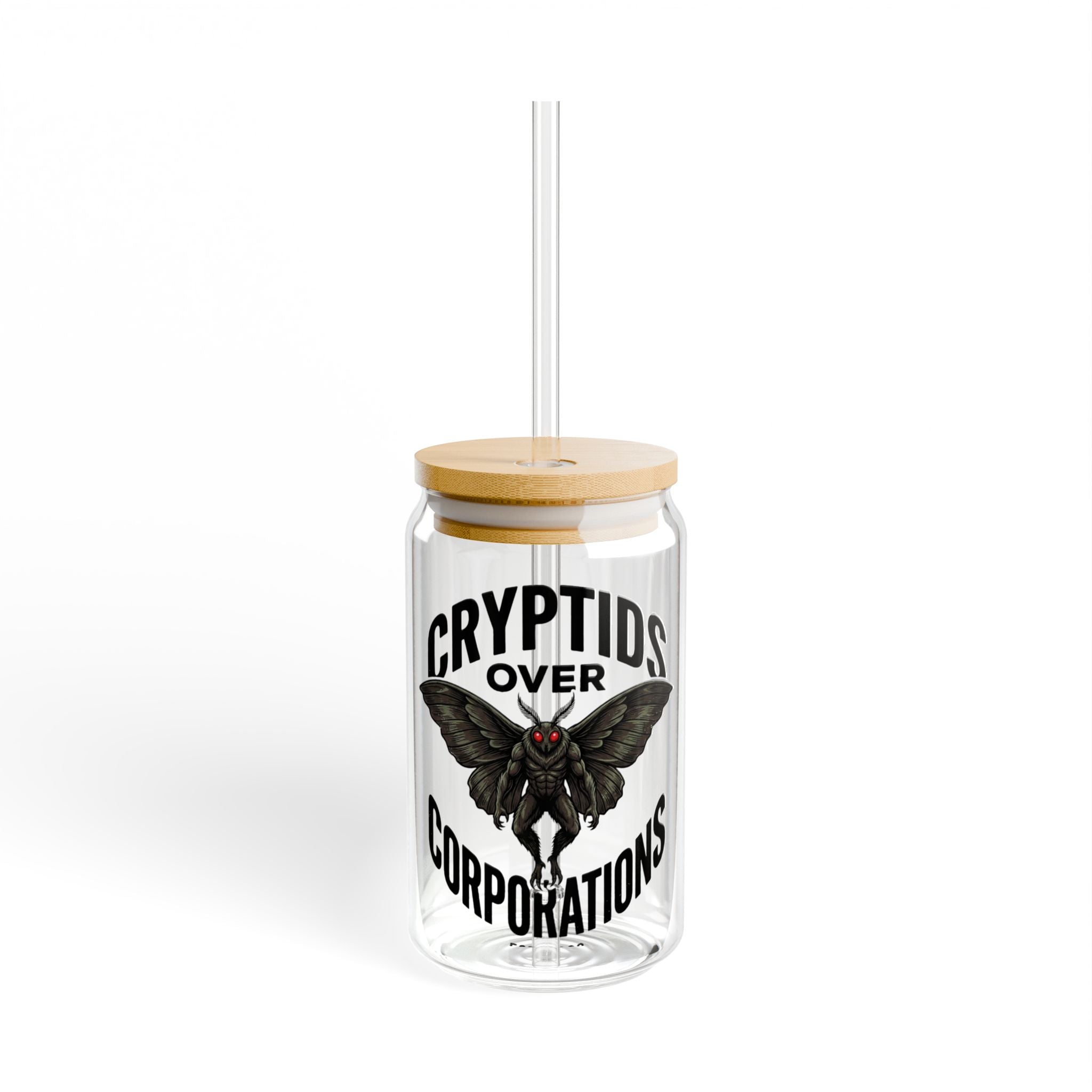 Cryptids Over Corporations Glass Can | Mothman Sipper Glass with Bamboo Lid & Straw | Funny Cryptid Iced Coffee Cup | Gothic Drinkware