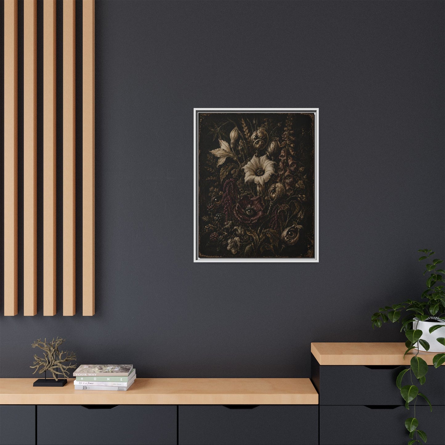 Framed Matte Canvas Print — Vintage Dark Floral Art