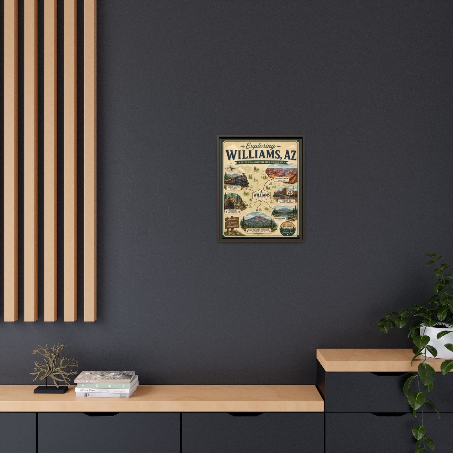 Williams, AZ Travel Map Framed Canvas — Vintage Exploring Poster