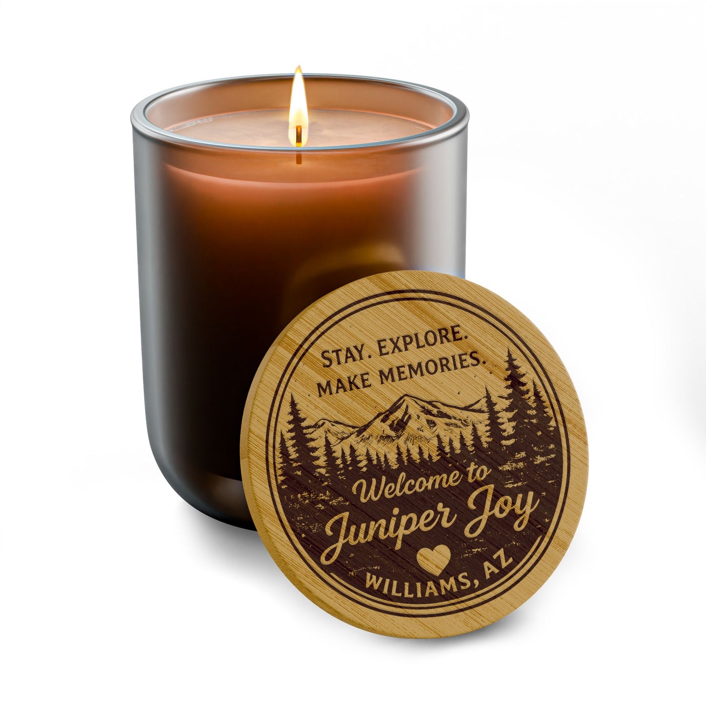 Engraved 14oz Soy Candle — "Stay, Explore, Make Memories" Welcome Candle (Custom Location)