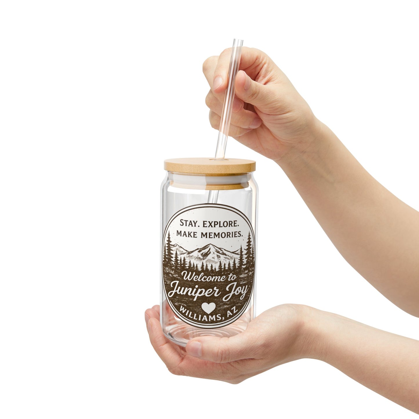 Adventure Mountain Sipper Glass — Personalized 16oz Travel Tumbler (Stay. Explore. Make Memories.)