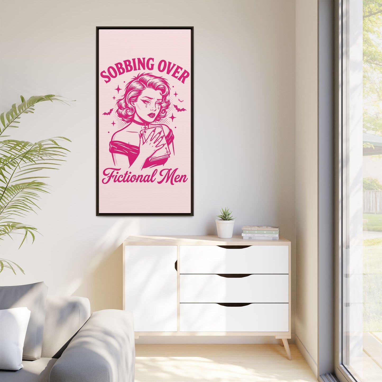 Framed Canvas Print — “Sobbing Over Fictional Men” Retro Pop Art