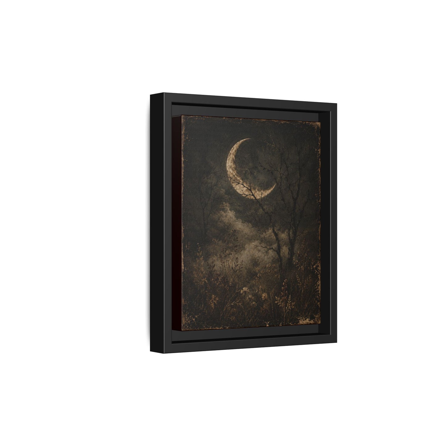Framed Crescent Moon Canvas Print — Moody Night Landscape Wall Art