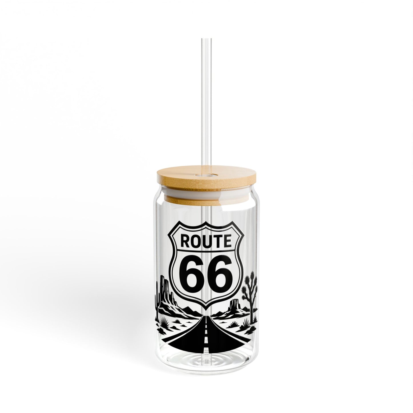 Route 66 Sipper Glass — 16oz Vintage Roadtrip Tumbler with Bamboo Lid