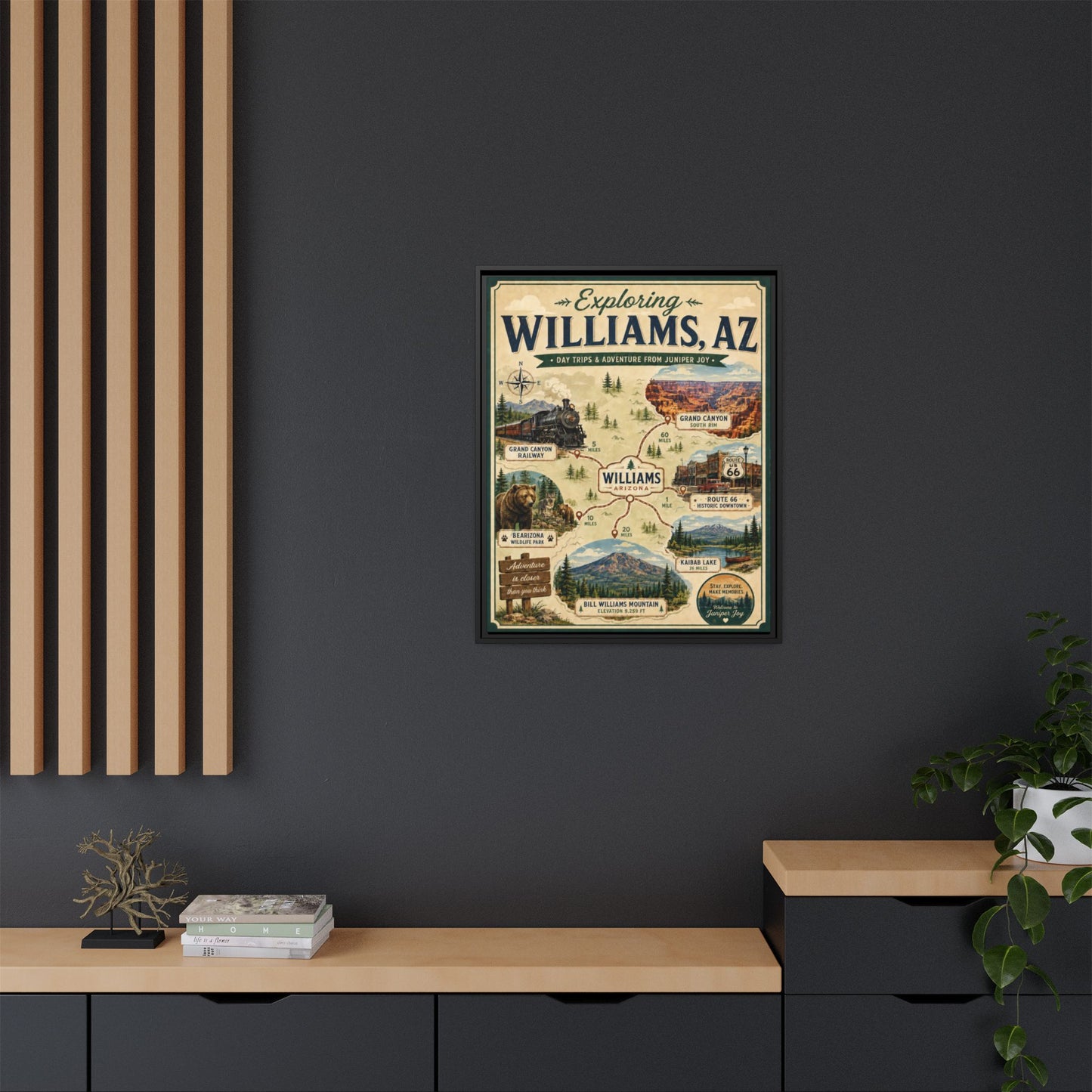 Williams, AZ Travel Map Framed Canvas — Vintage Exploring Poster
