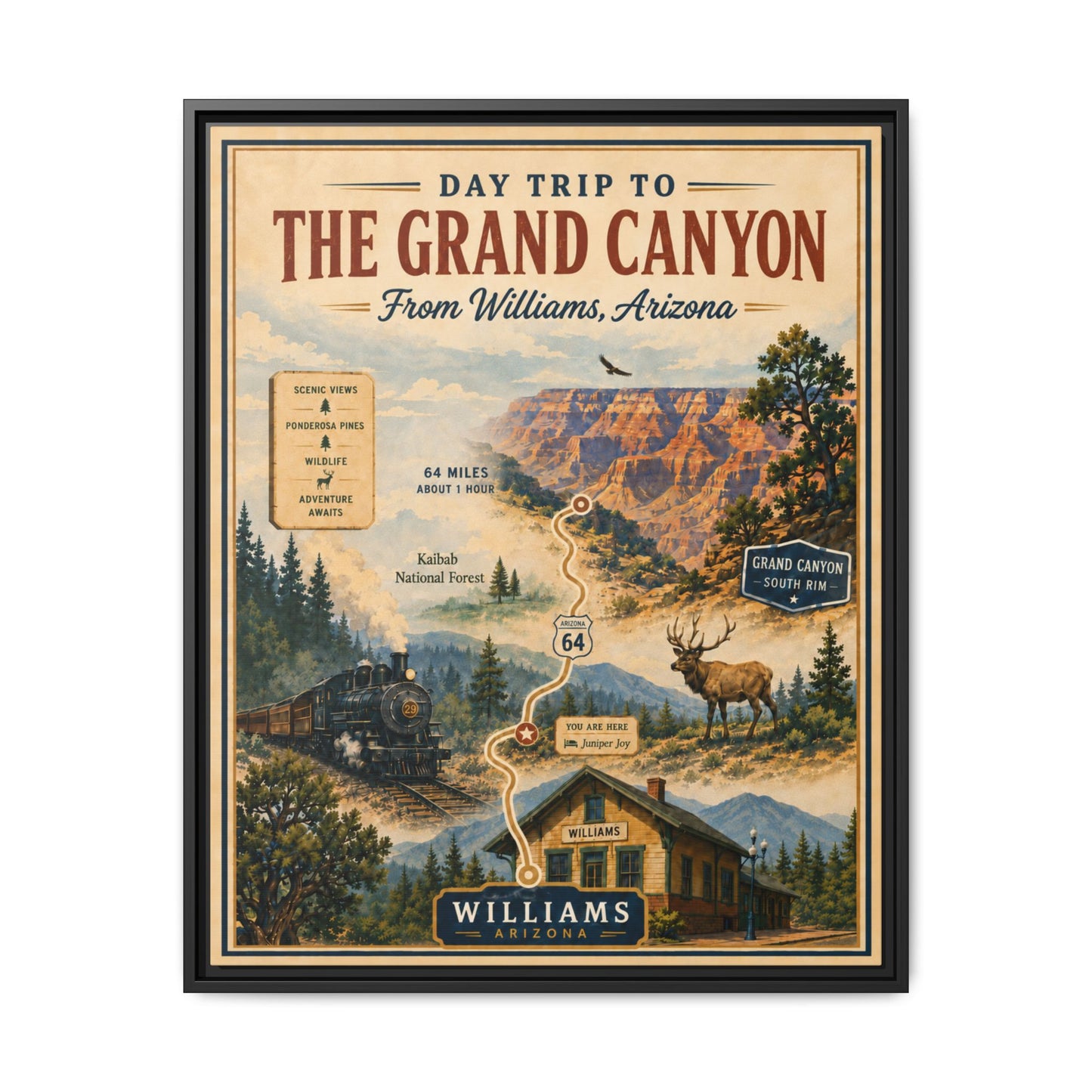 Grand Canyon Travel Poster Matte Canvas Framed Print — "Day Trip to The Grand Canyon"