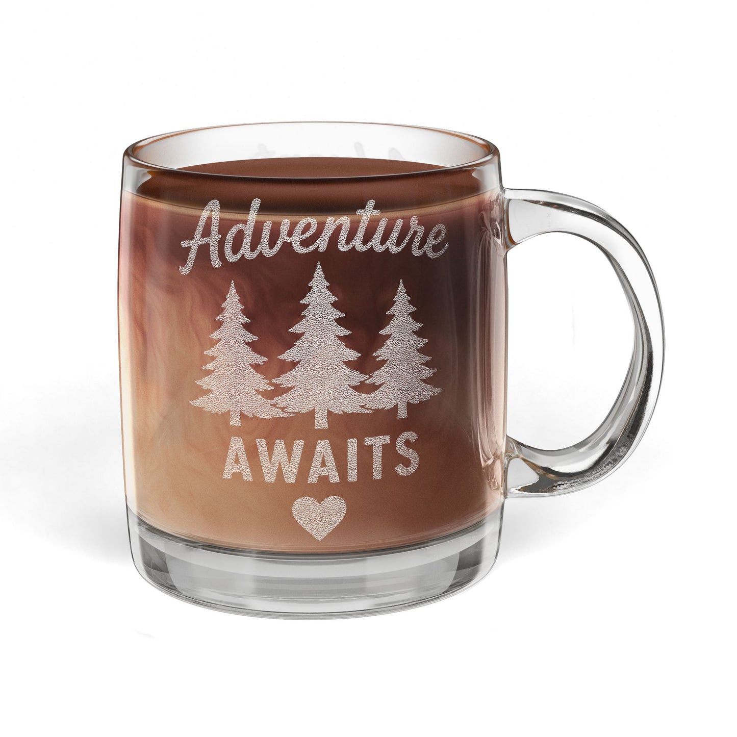 Engraved Glass Coffee Mug 12.25oz — "Adventure Awaits" Camping Design