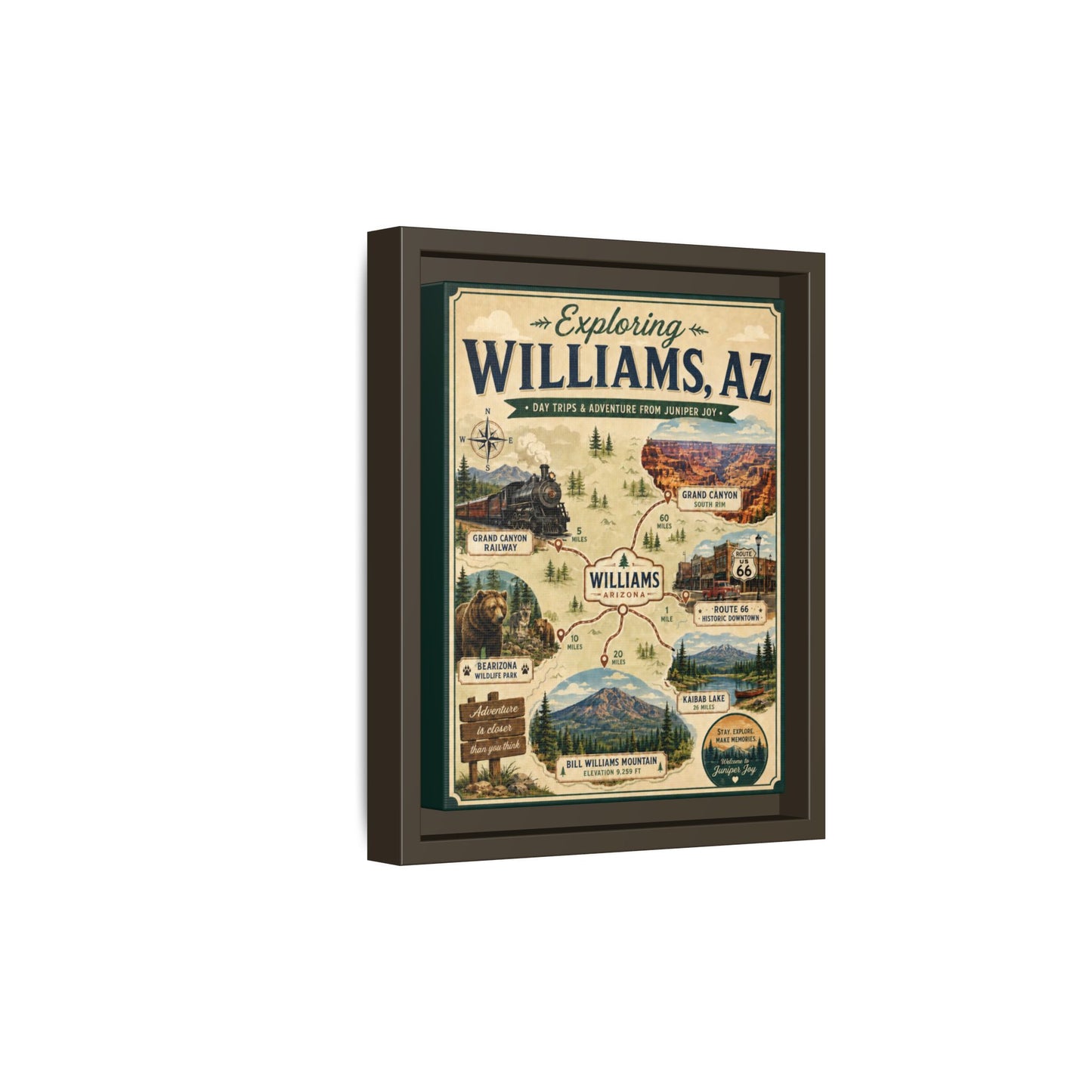 Williams, AZ Travel Map Framed Canvas — Vintage Exploring Poster