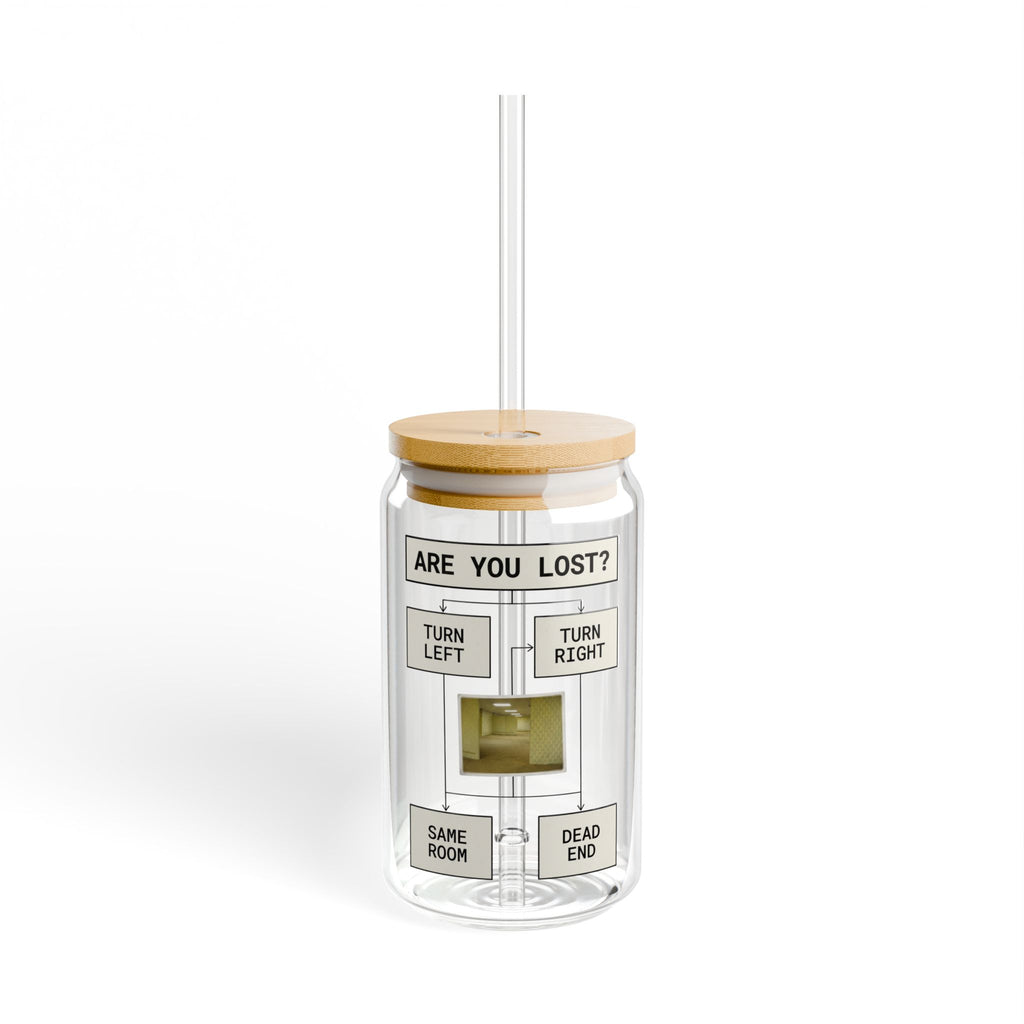 Are You Lost? Liminal Space Sipper Glass with Bamboo Lid and Straw | Retro Horror Iced Coffee Cup | Analog Horror Glass Can