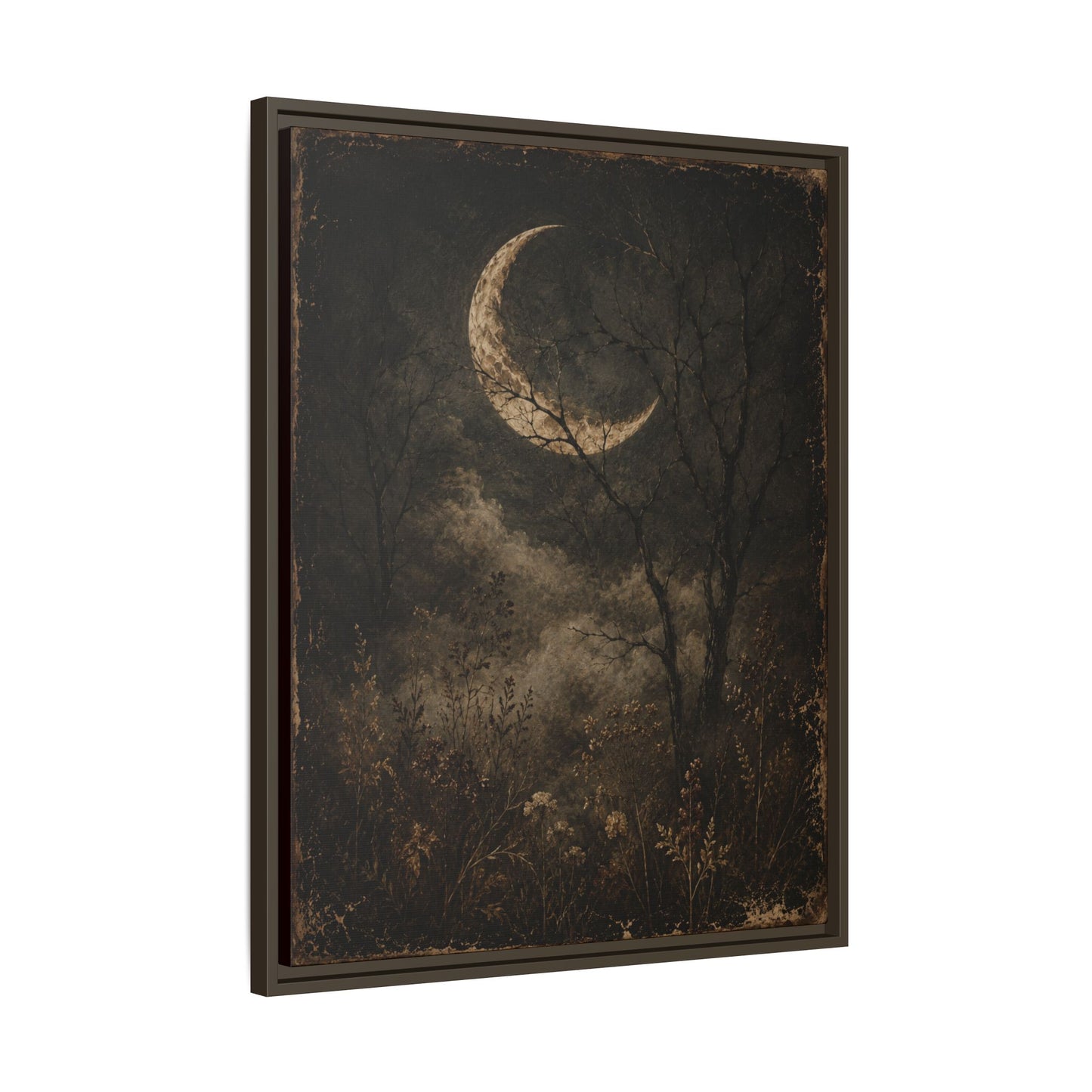 Framed Crescent Moon Canvas Print — Moody Night Landscape Wall Art