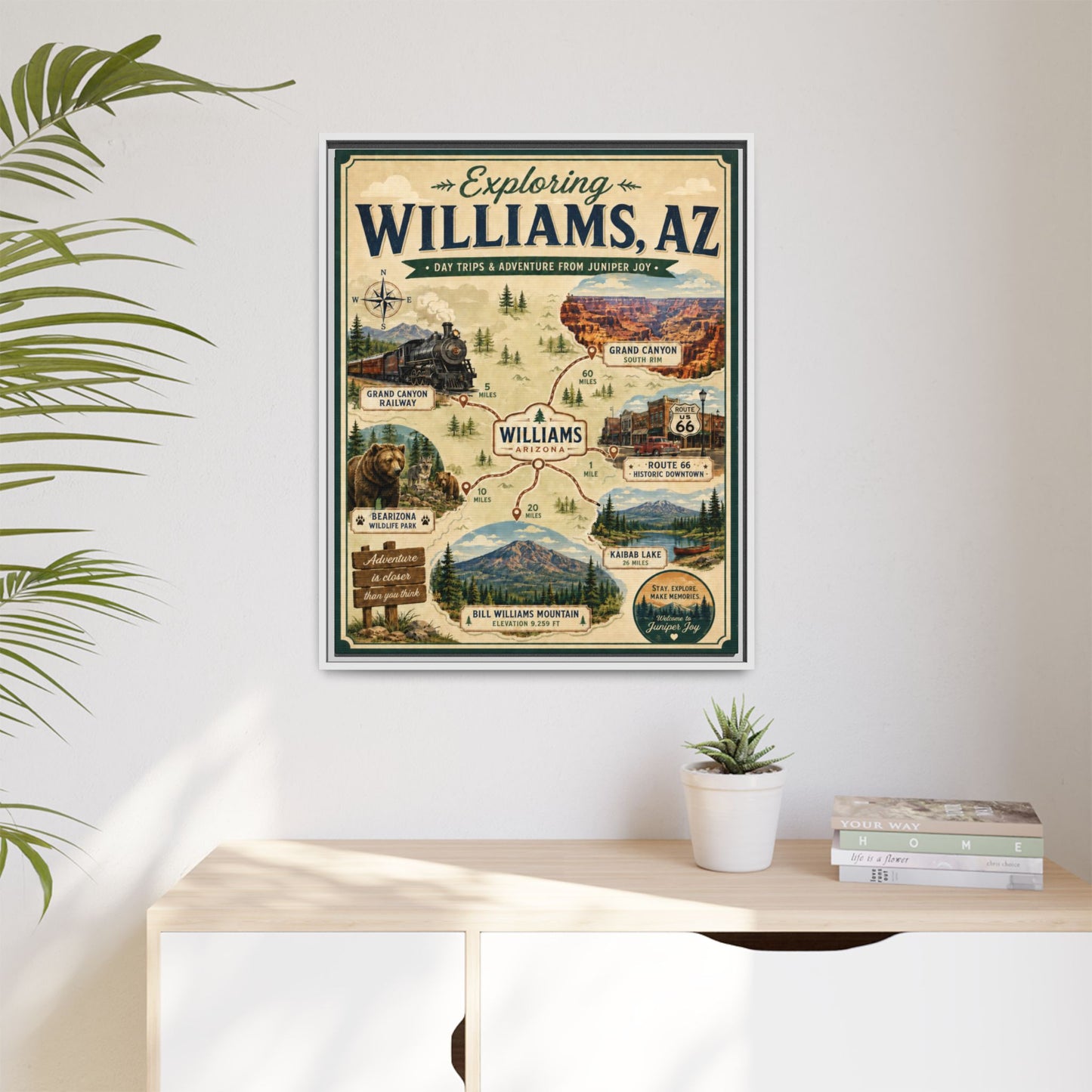 Williams, AZ Travel Map Framed Canvas — Vintage Exploring Poster