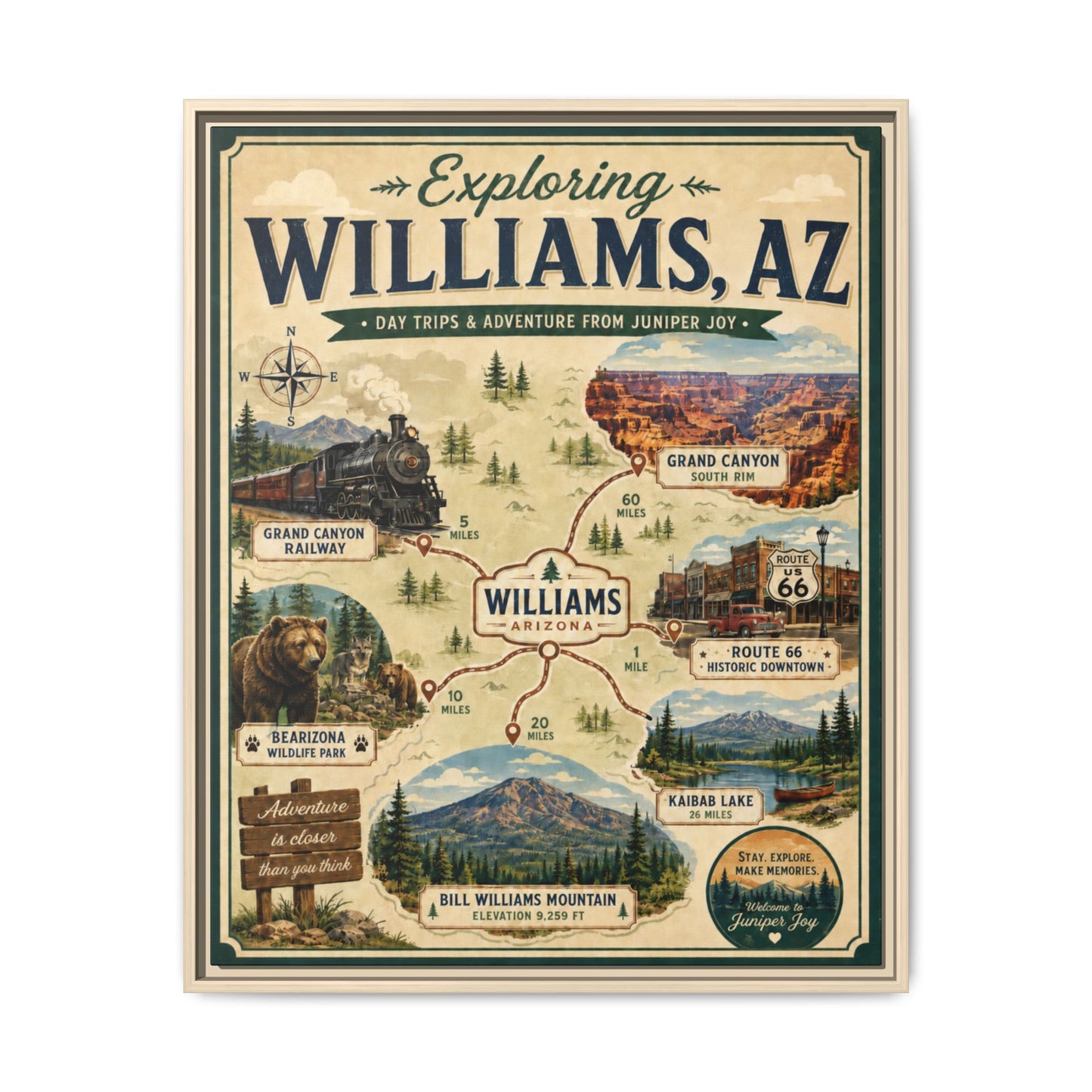 Williams, AZ Travel Map Framed Canvas — Vintage Exploring Poster