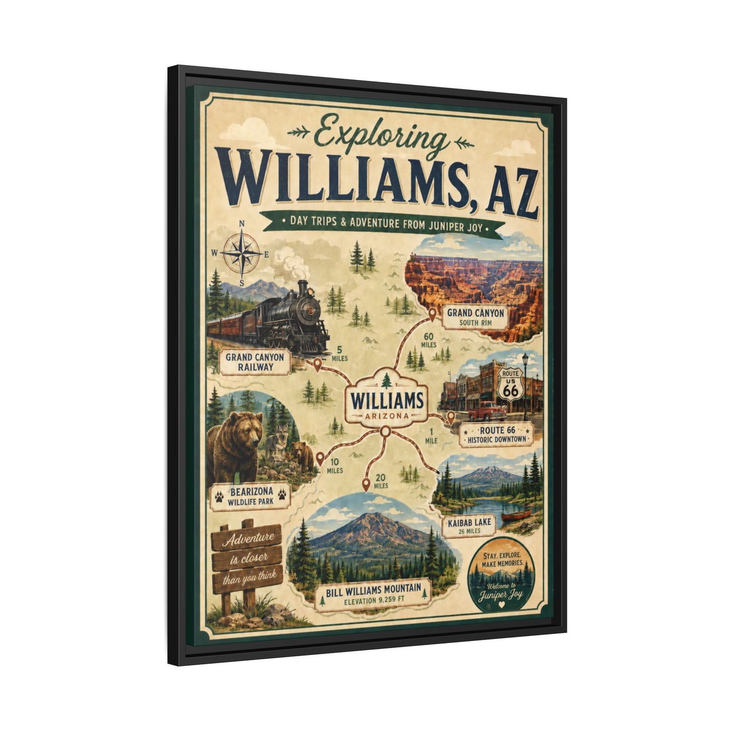 Williams, AZ Travel Map Framed Canvas — Vintage Exploring Poster