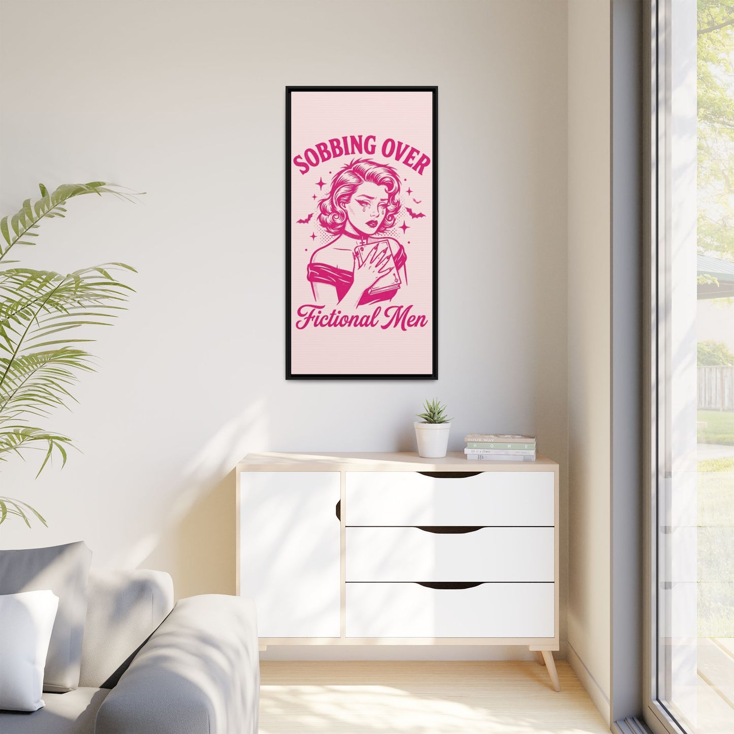 Framed Canvas Print — “Sobbing Over Fictional Men” Retro Pop Art