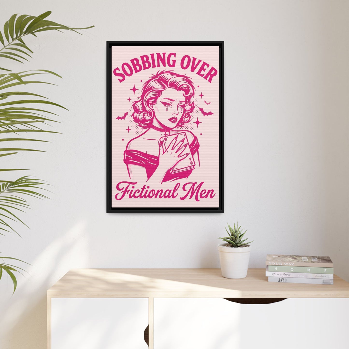 Framed Canvas Print — “Sobbing Over Fictional Men” Retro Pop Art