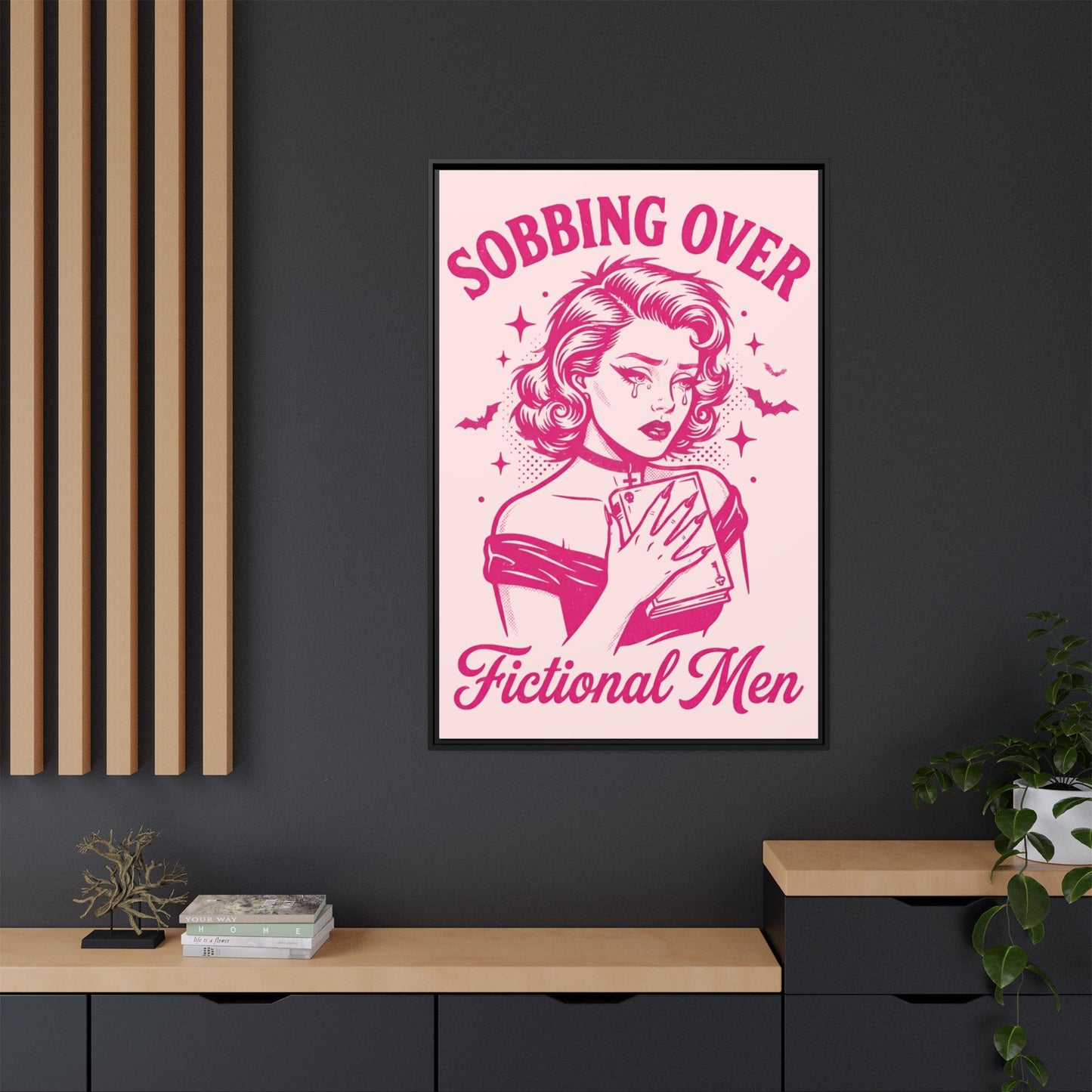 Framed Canvas Print — “Sobbing Over Fictional Men” Retro Pop Art
