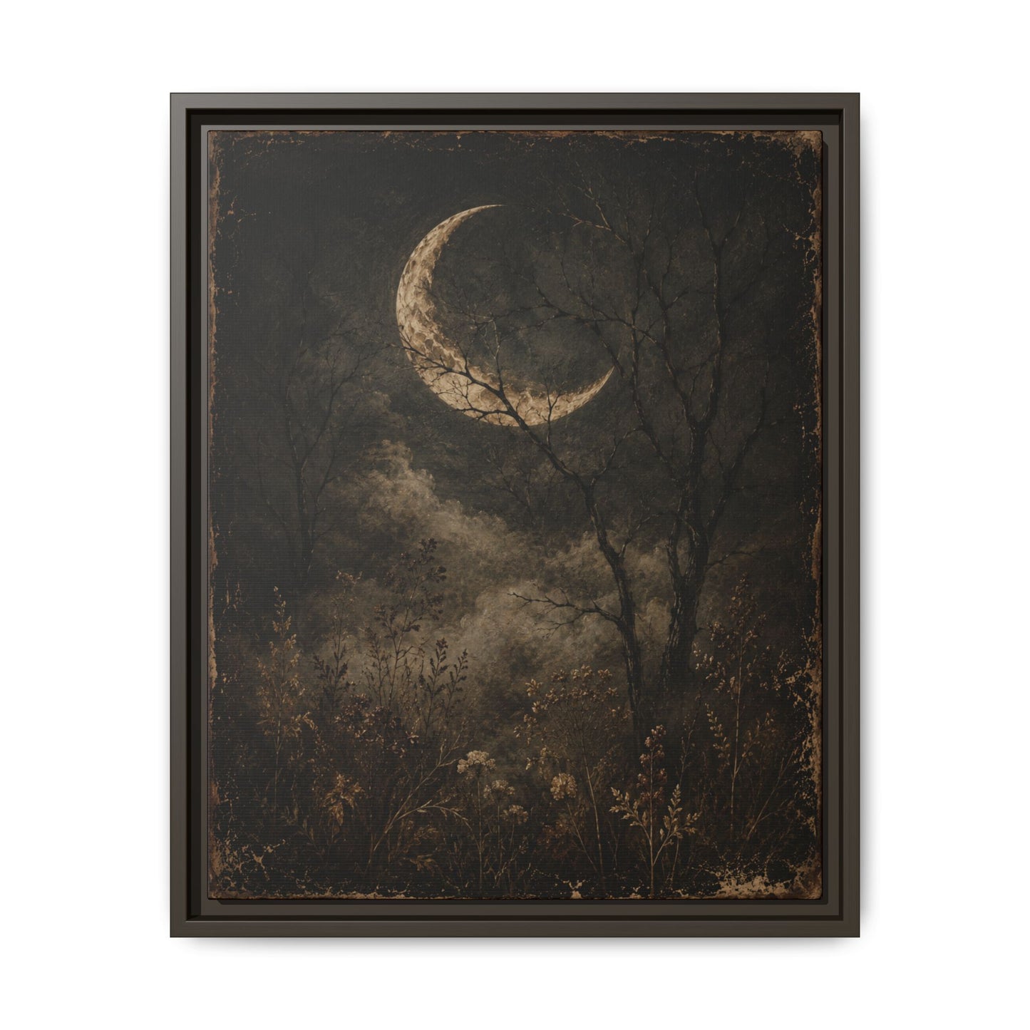 Framed Crescent Moon Canvas Print — Moody Night Landscape Wall Art