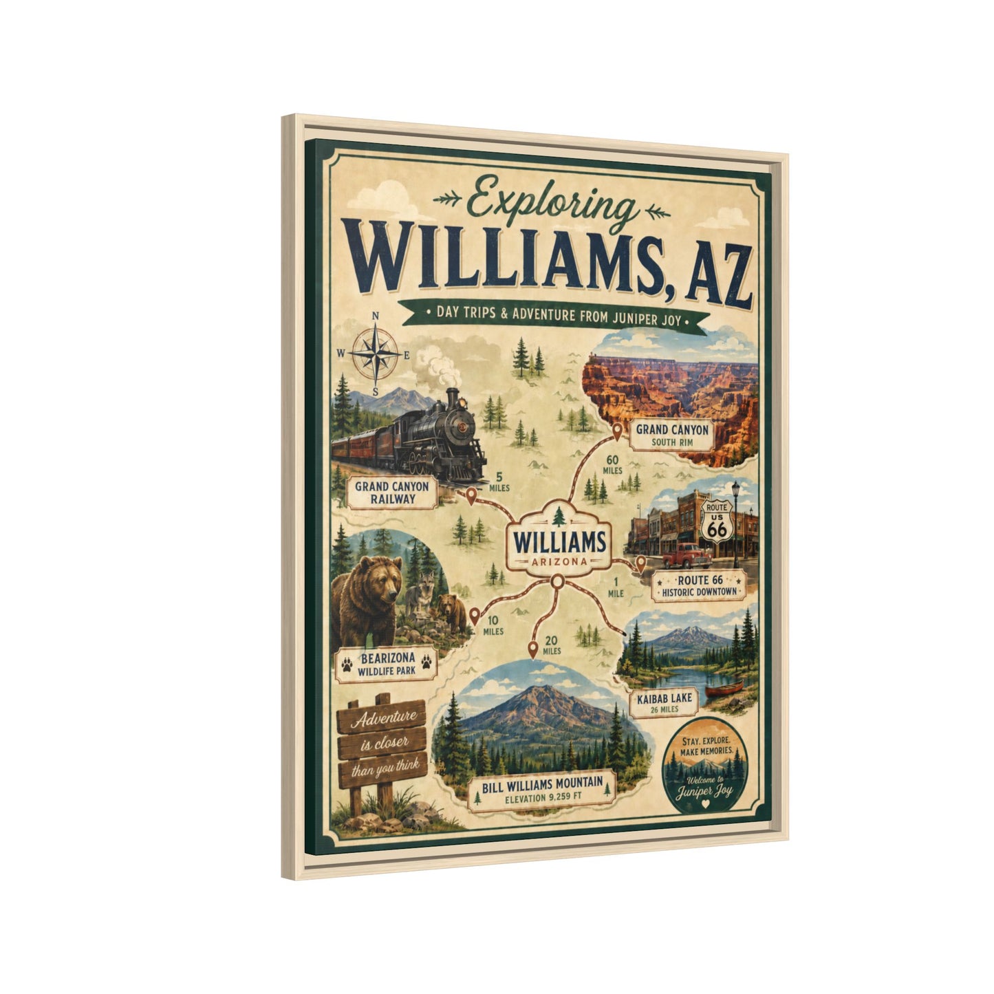Williams, AZ Travel Map Framed Canvas — Vintage Exploring Poster