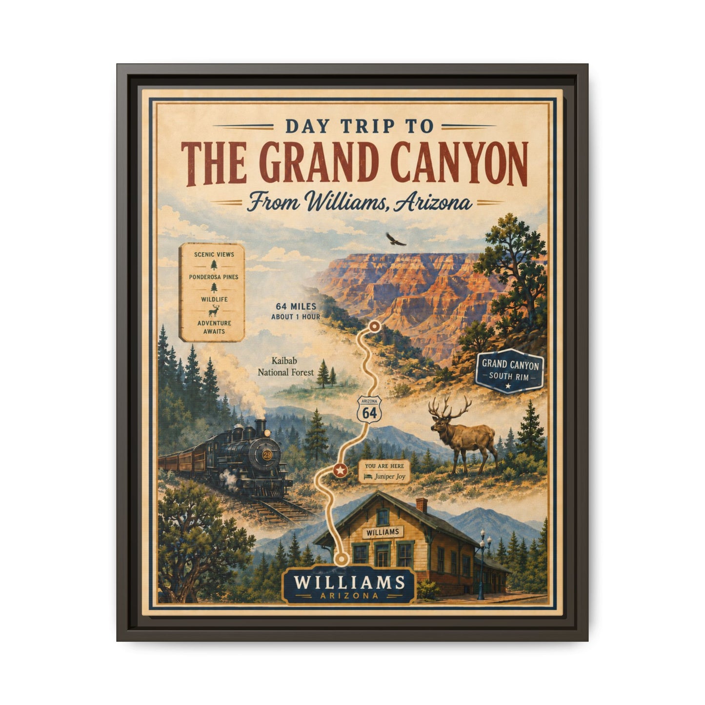 Grand Canyon Travel Poster Matte Canvas Framed Print — "Day Trip to The Grand Canyon"