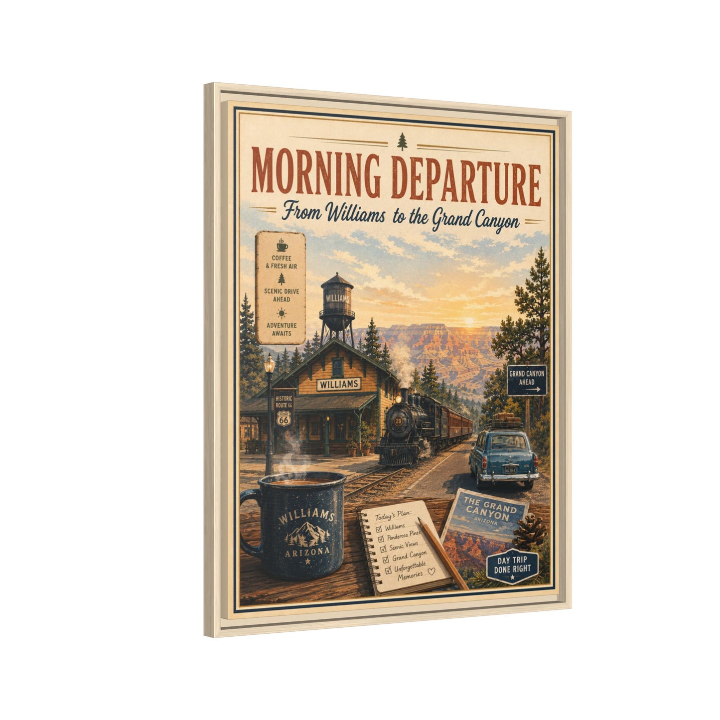 Morning Departure Framed Canvas Print — Vintage Grand Canyon Travel Poster