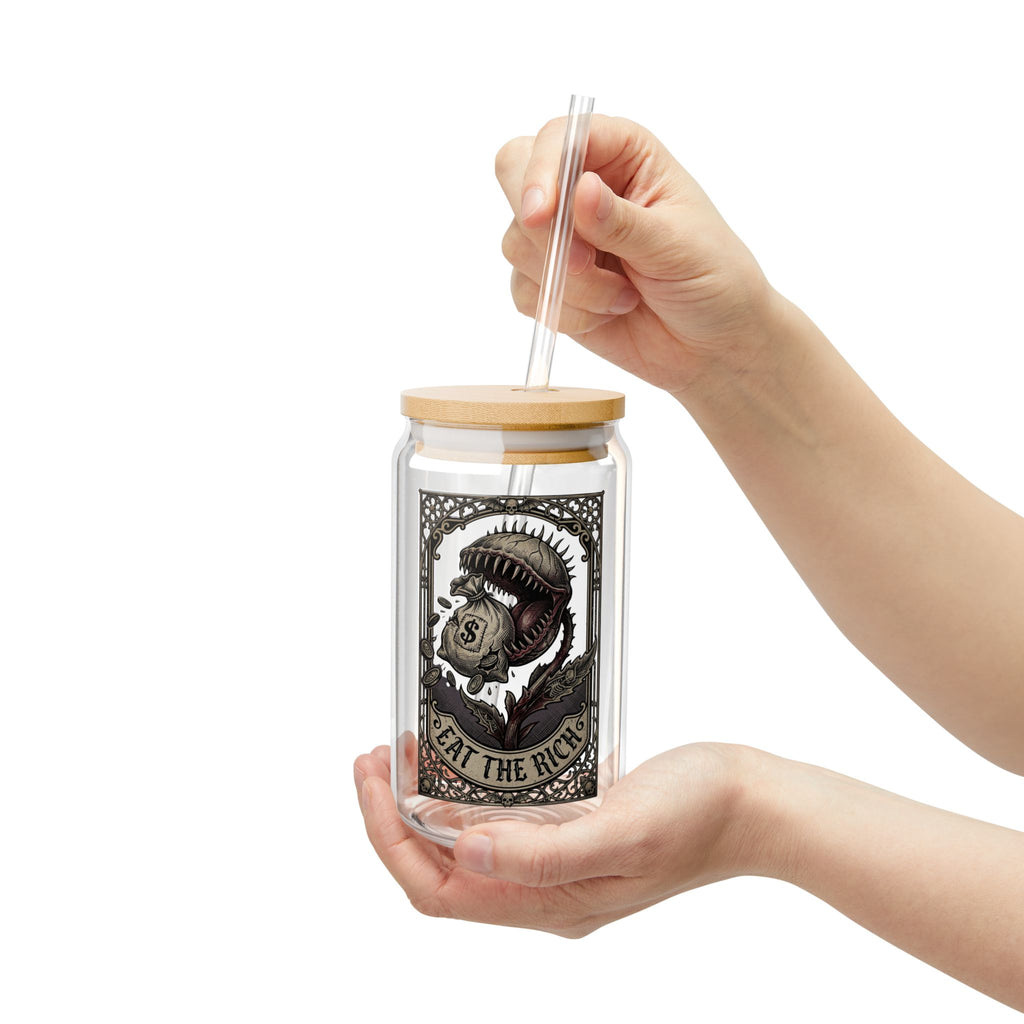 Eat the Rich Glass Can | Gothic Venus Flytrap Iced Coffee Cup with Bamboo Lid and Straw | Carnivorous Plant Glass