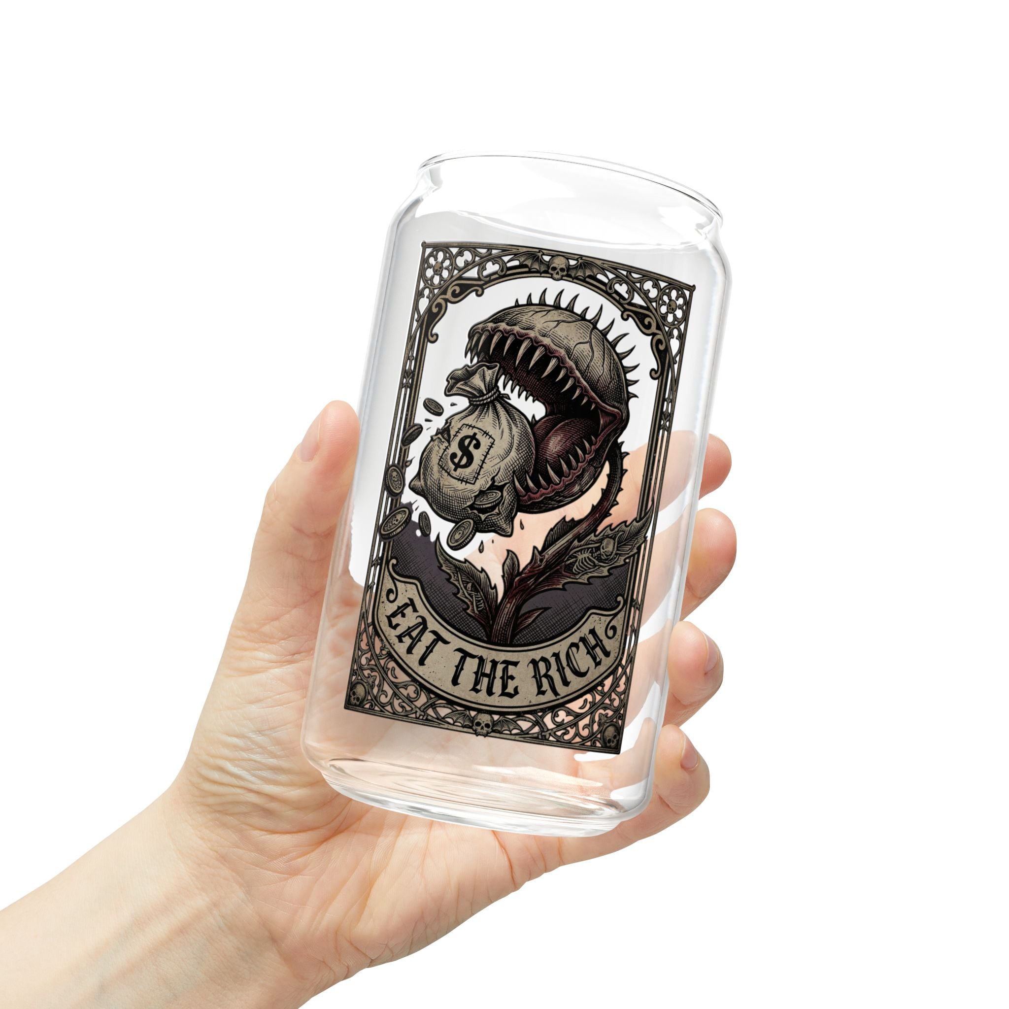 Eat the Rich Glass Can | Gothic Venus Flytrap Iced Coffee Cup with Bamboo Lid and Straw | Carnivorous Plant Glass