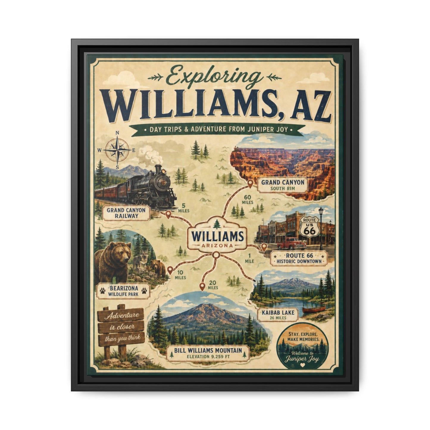Williams, AZ Travel Map Framed Canvas — Vintage Exploring Poster