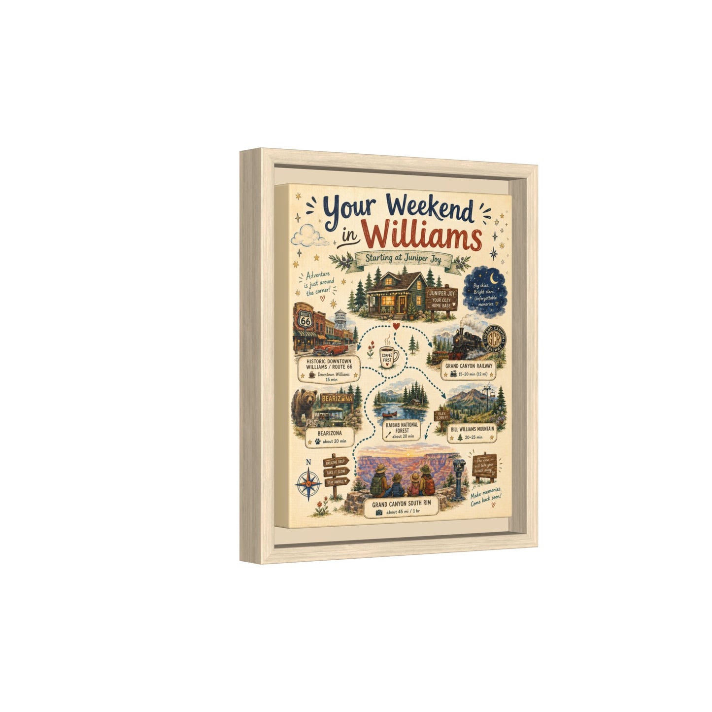 Framed Matte Canvas Print — "Your Weekend in Williams" Illustrated Travel Map