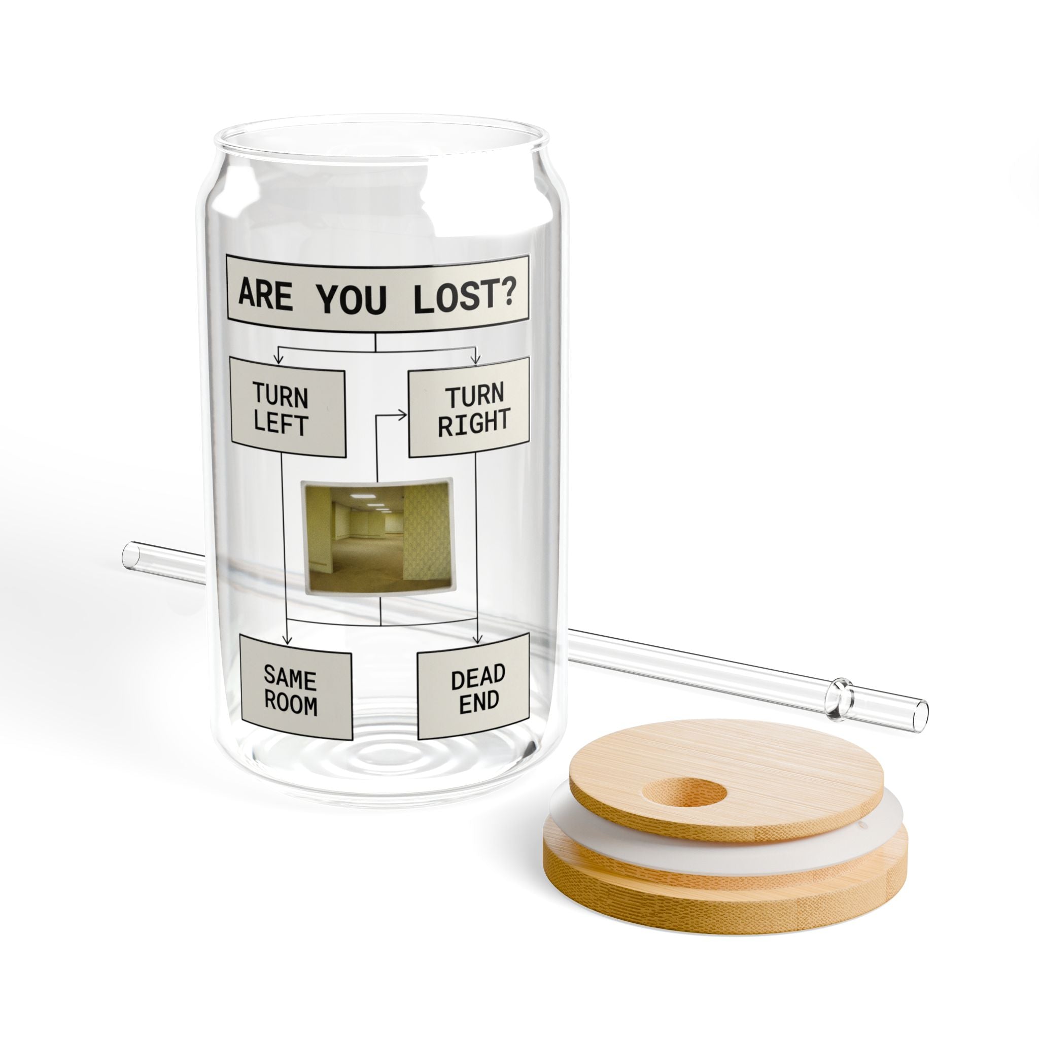 Are You Lost? Liminal Space Sipper Glass with Bamboo Lid and Straw | Retro Horror Iced Coffee Cup | Analog Horror Glass Can