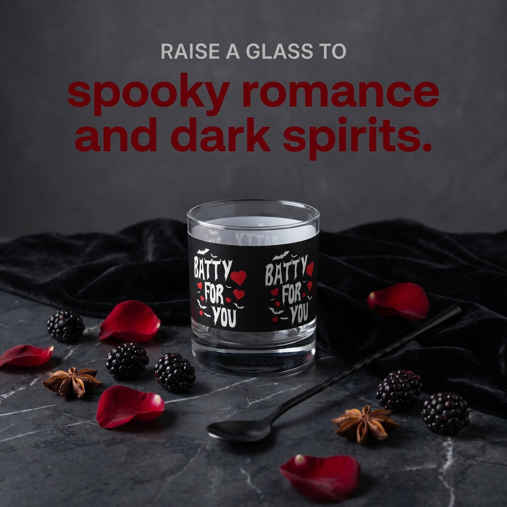 Batty For You Whiskey Glass | Gothic Rocks Glass | Bat Lover Gift | Halloween Barware | Spooky Cute Cocktail Glass