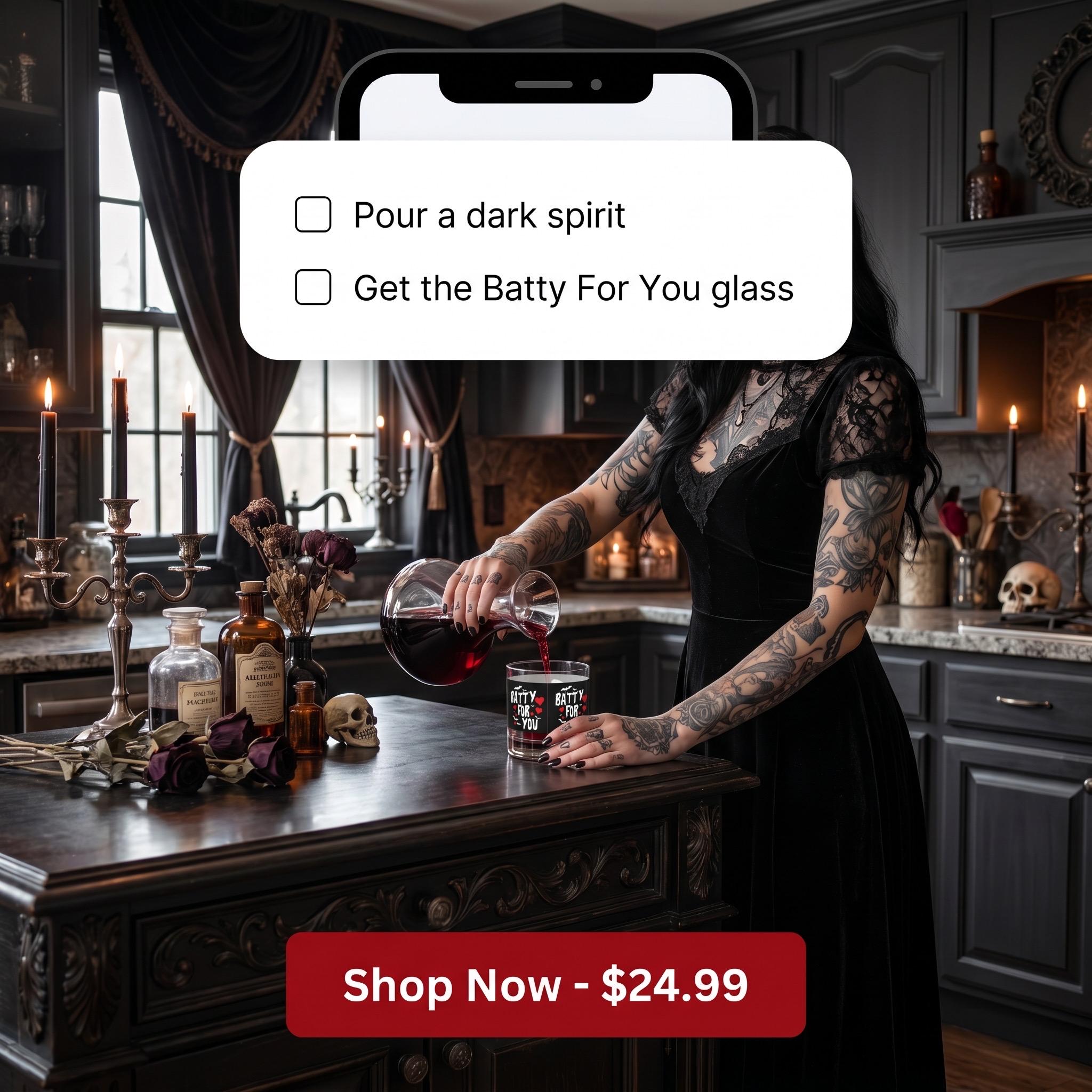 Batty For You Whiskey Glass | Gothic Rocks Glass | Bat Lover Gift | Halloween Barware | Spooky Cute Cocktail Glass