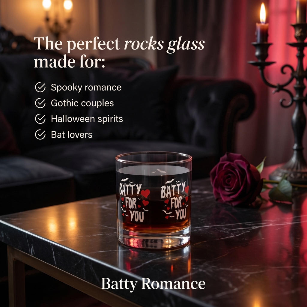 Batty For You Whiskey Glass | Gothic Rocks Glass | Bat Lover Gift | Halloween Barware | Spooky Cute Cocktail Glass