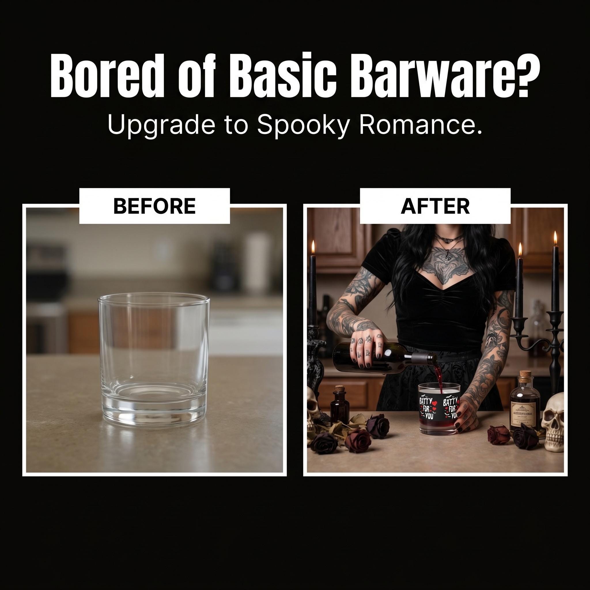 Batty For You Whiskey Glass | Gothic Rocks Glass | Bat Lover Gift | Halloween Barware | Spooky Cute Cocktail Glass