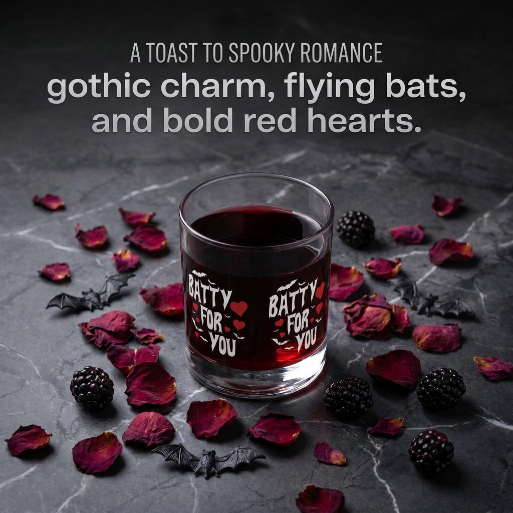 Batty For You Whiskey Glass | Gothic Rocks Glass | Bat Lover Gift | Halloween Barware | Spooky Cute Cocktail Glass