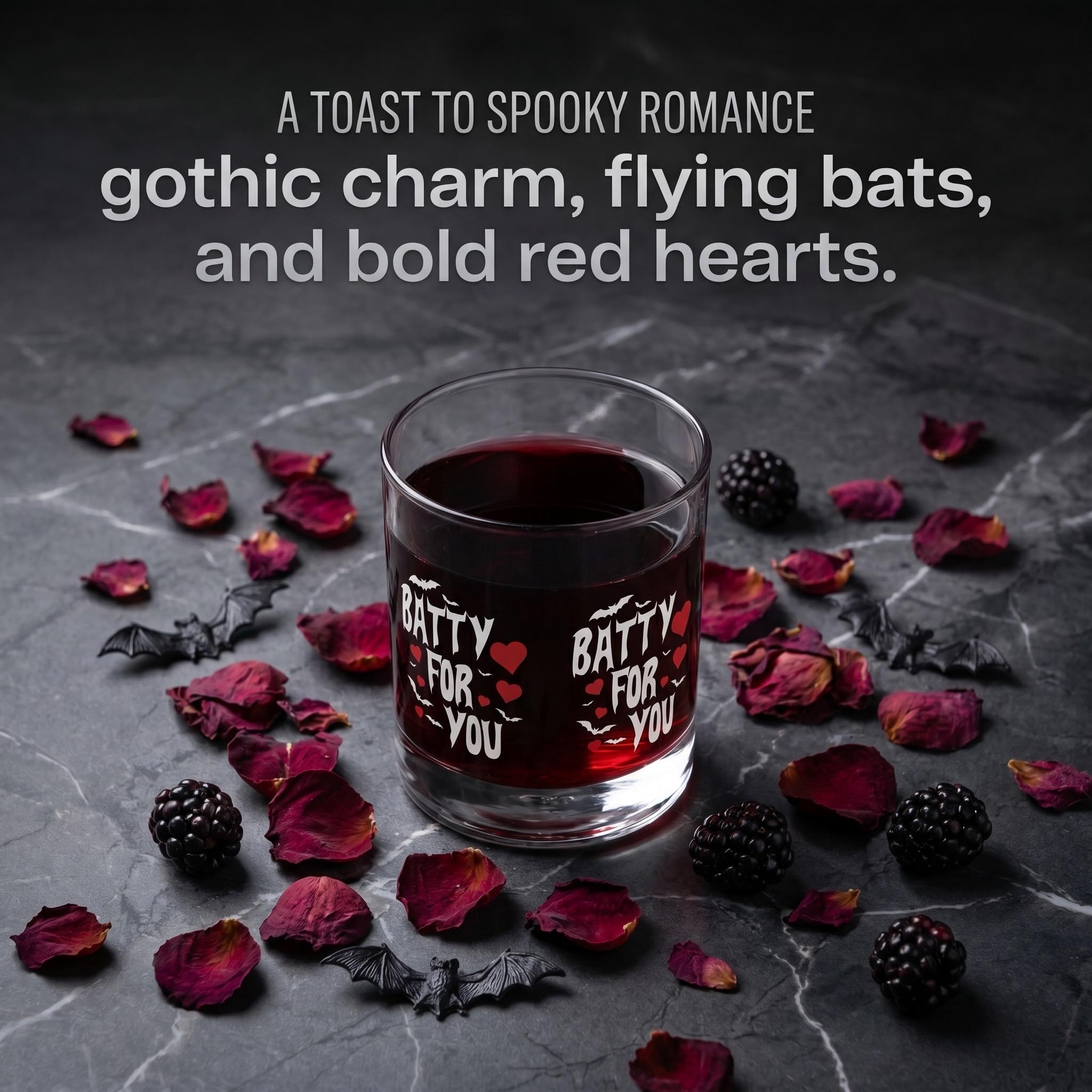 Batty For You Whiskey Glass | Gothic Rocks Glass | Bat Lover Gift | Halloween Barware | Spooky Cute Cocktail Glass