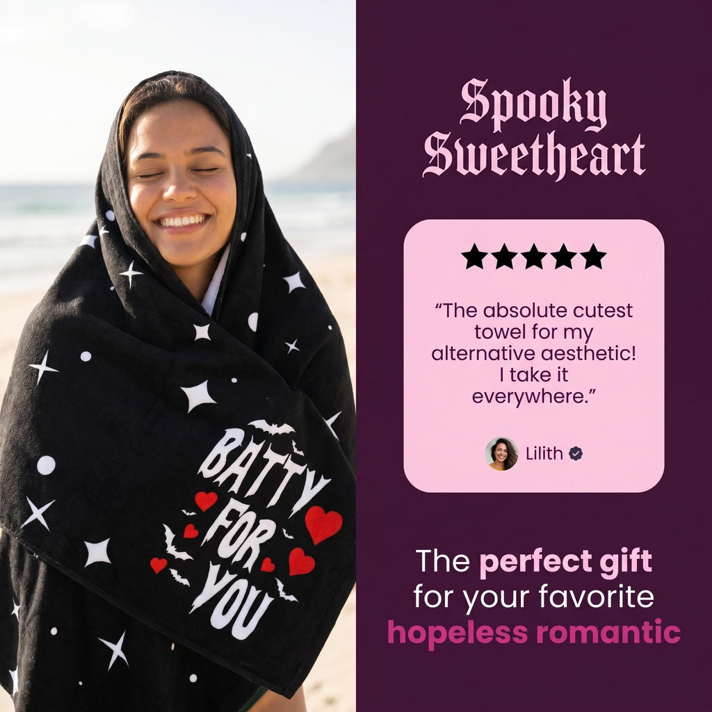 Batty For You Beach Towel | Gothic Valentine Towel | Cute Bat Beach Towel | Romantic Goth Gift | Alternative Pool Towel