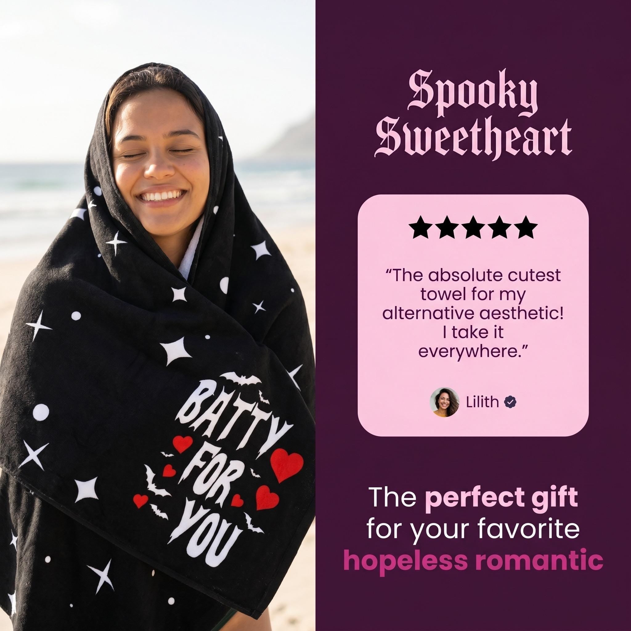 Batty For You Beach Towel | Gothic Valentine Towel | Cute Bat Beach Towel | Romantic Goth Gift | Alternative Pool Towel