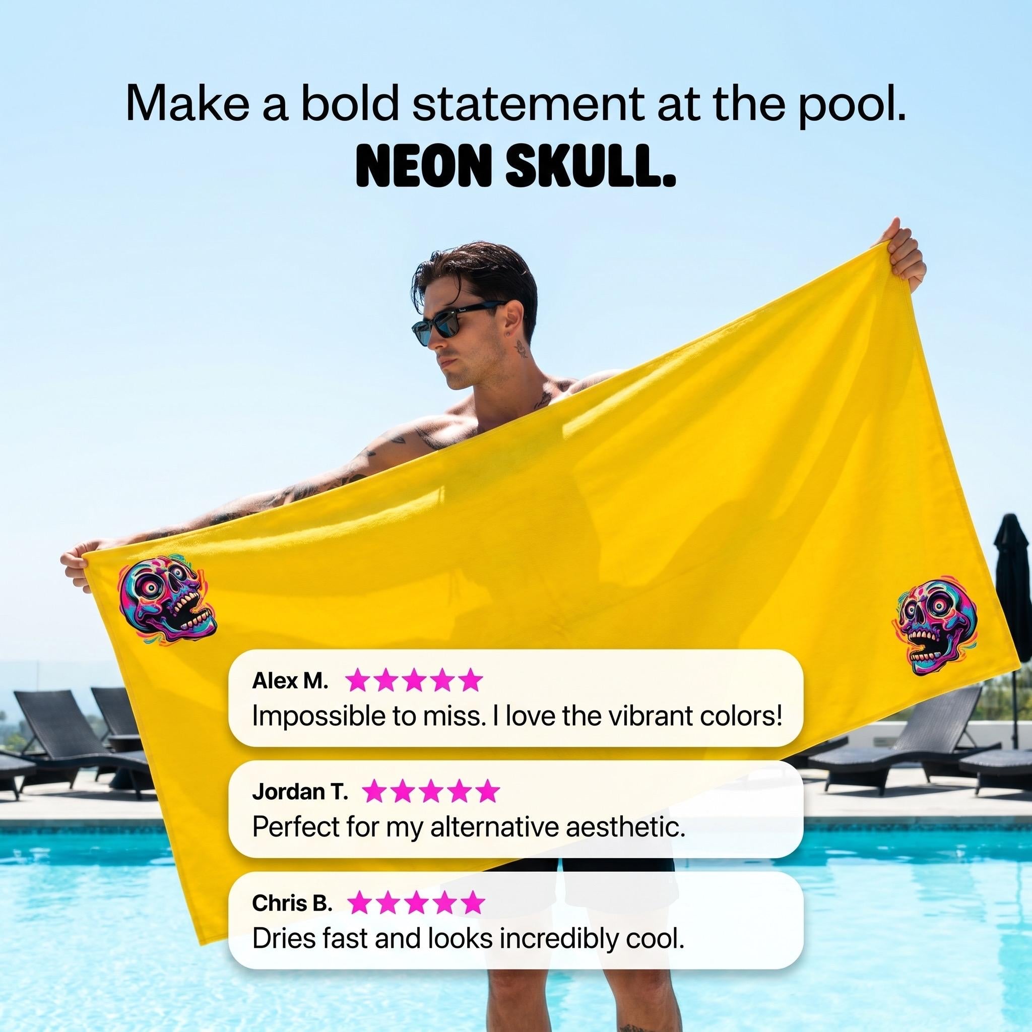 Pop Art Skull Beach Towel | Neon Skull Towel | Gothic Beach Accessory | Alternative Pool Towel | Colorful Skull Gift