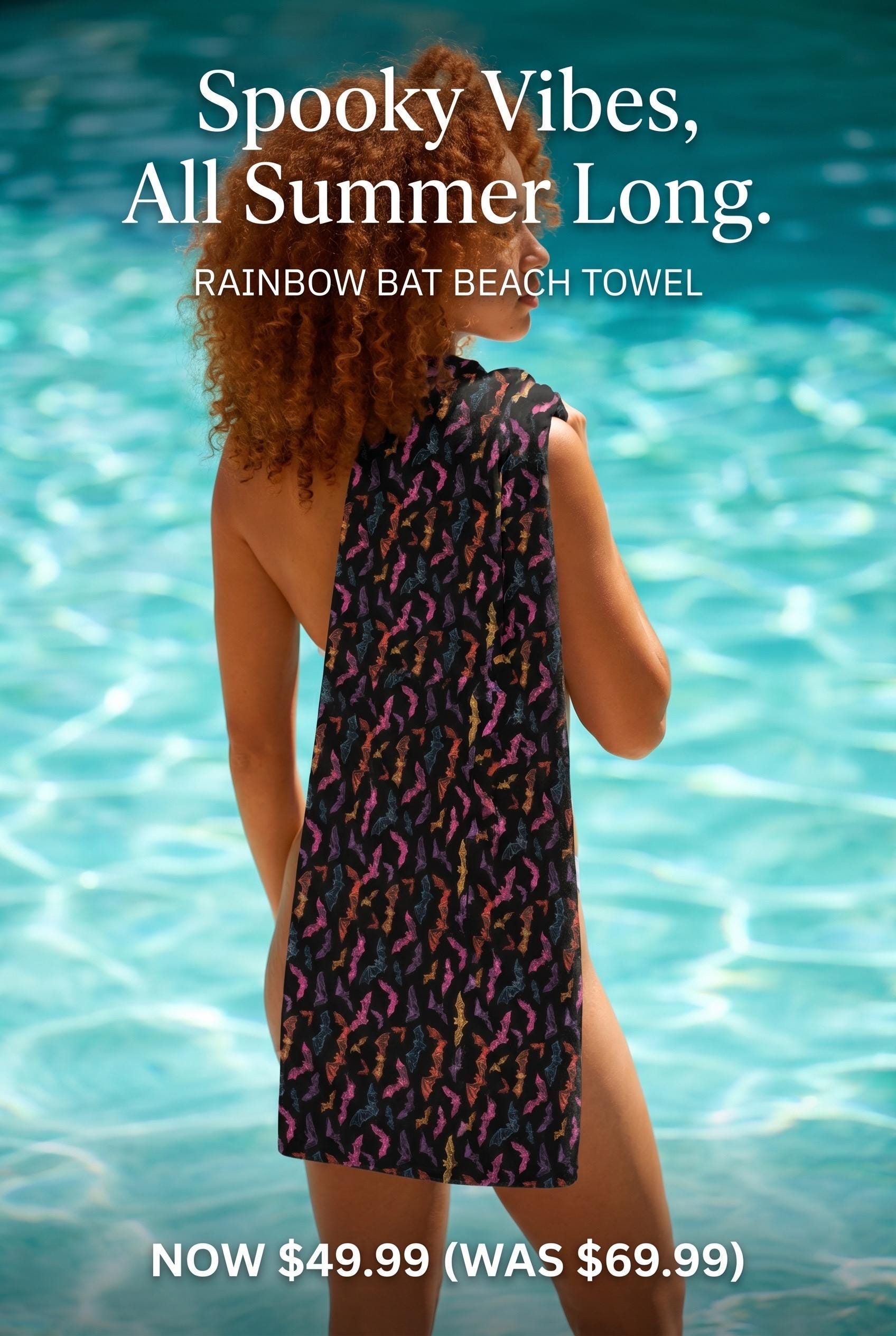 Rainbow Bat Beach Towel, Gothic Halloween Accessory, Bat Lover Gift, Witchy Decor