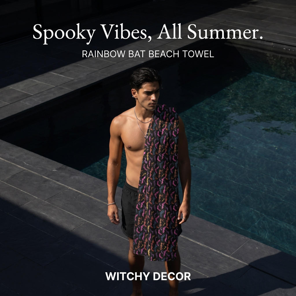 Rainbow Bat Beach Towel, Gothic Halloween Accessory, Bat Lover Gift, Witchy Decor